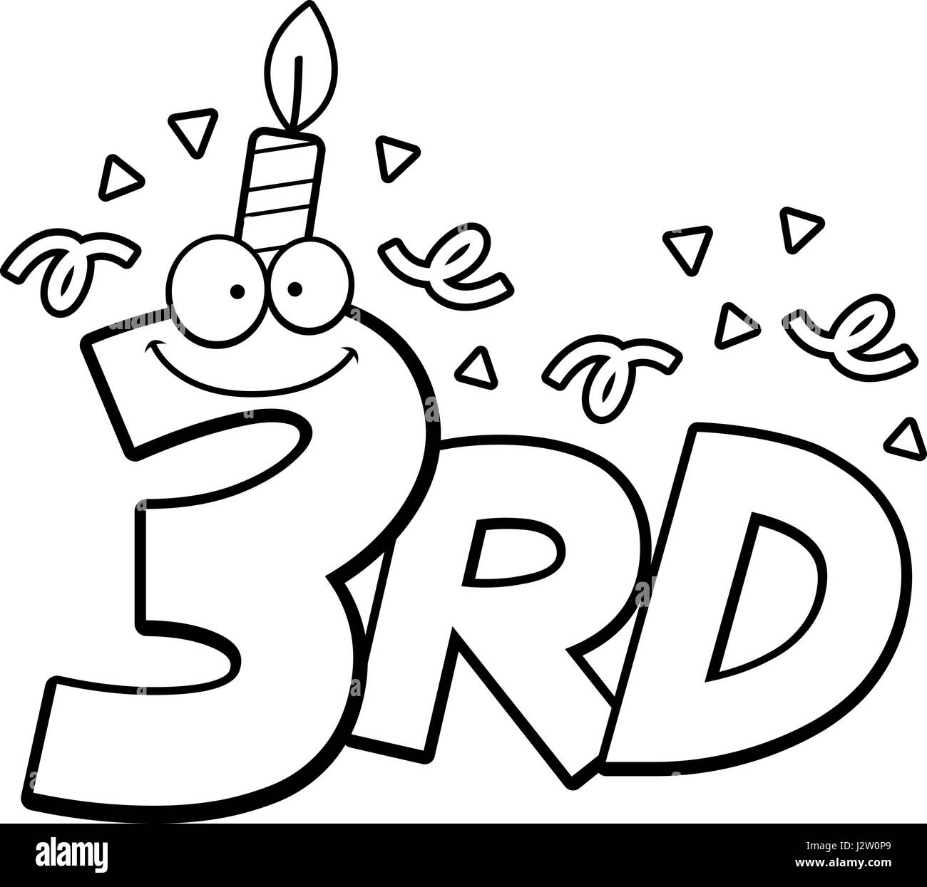 A cartoon illustration of the text 3rd with a birthday candle and confetti. Stock Vector