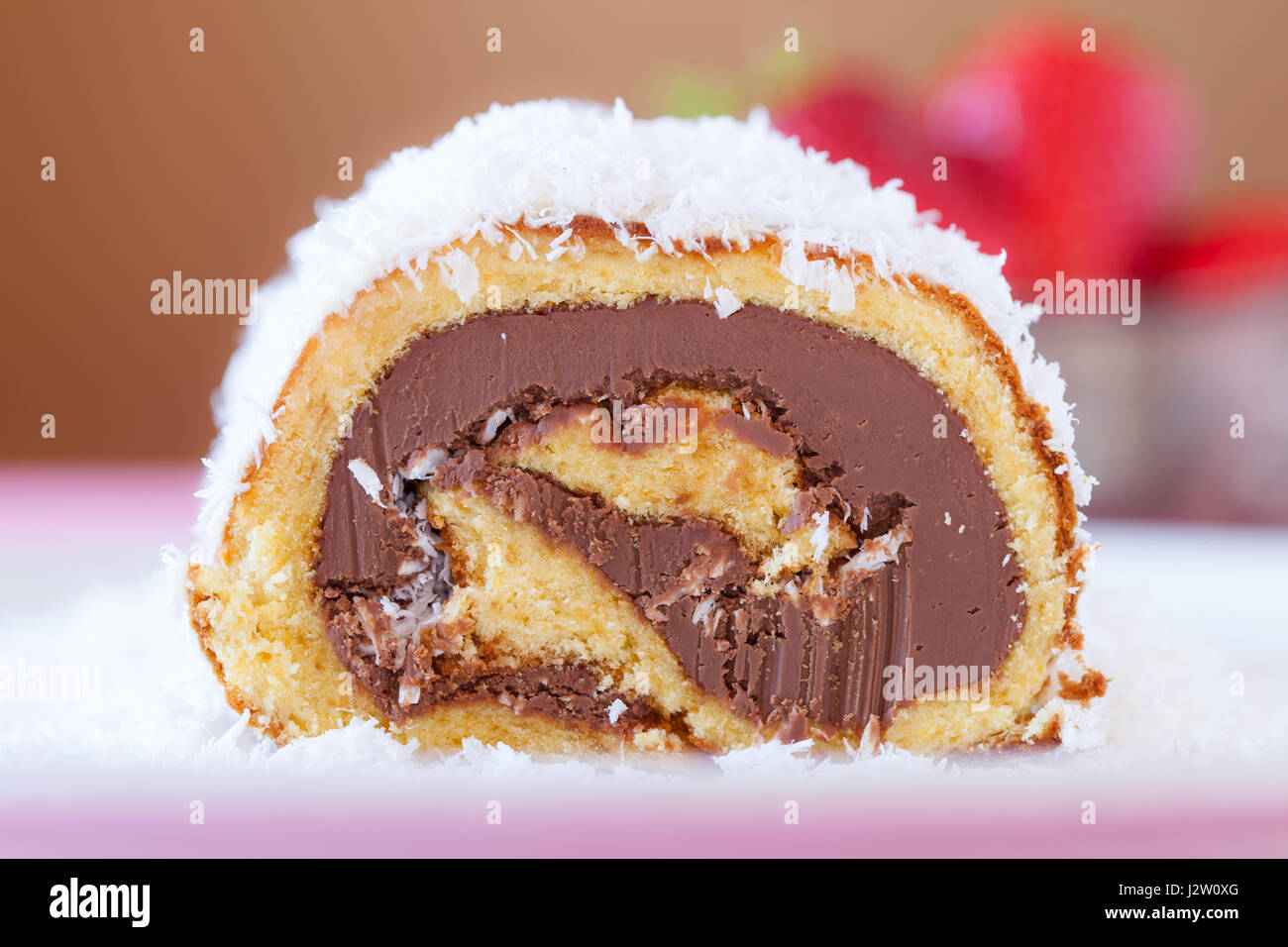 Piece of chocolate coconut cake roll, closeup view. Stock Photo
