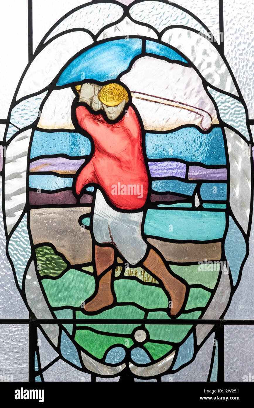 A golfer, from the Edwardian era, depicted in a stained glass window, Victoria Baths, Manchester, England Stock Photo