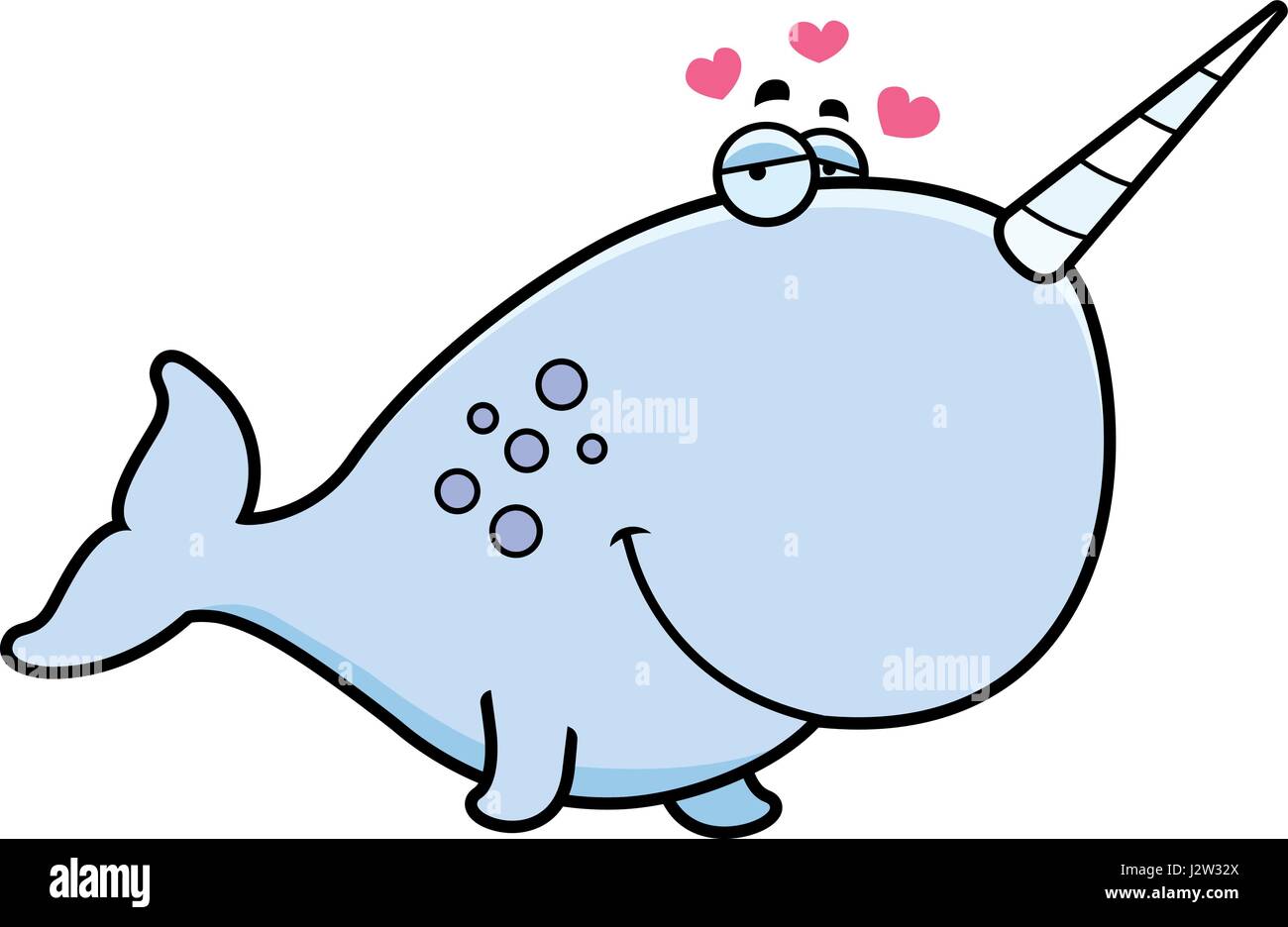 A cartoon illustration of a narwhal with an in love expression Stock