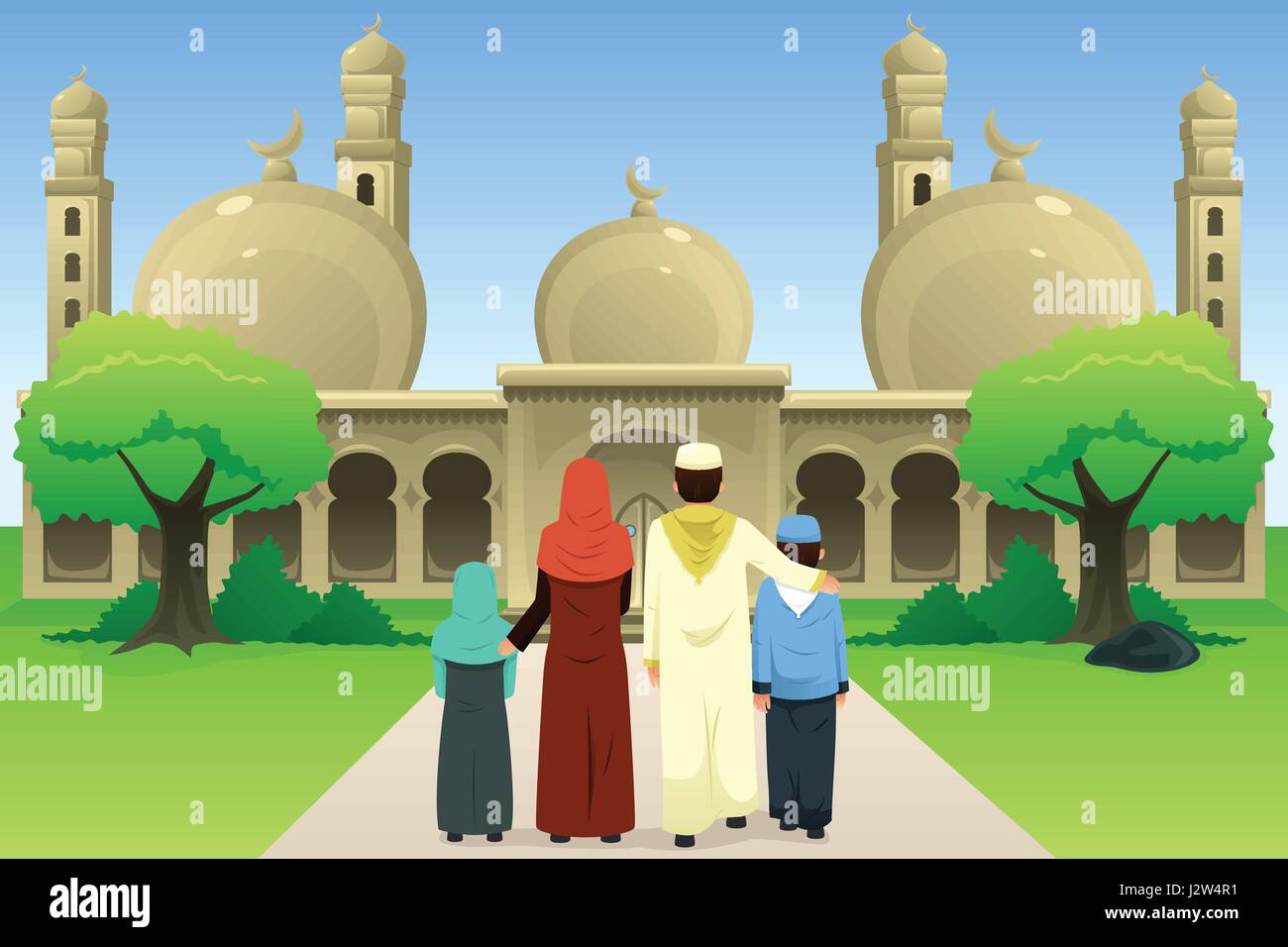 A vector illustration of Muslim Family Going to Mosque Stock Vector