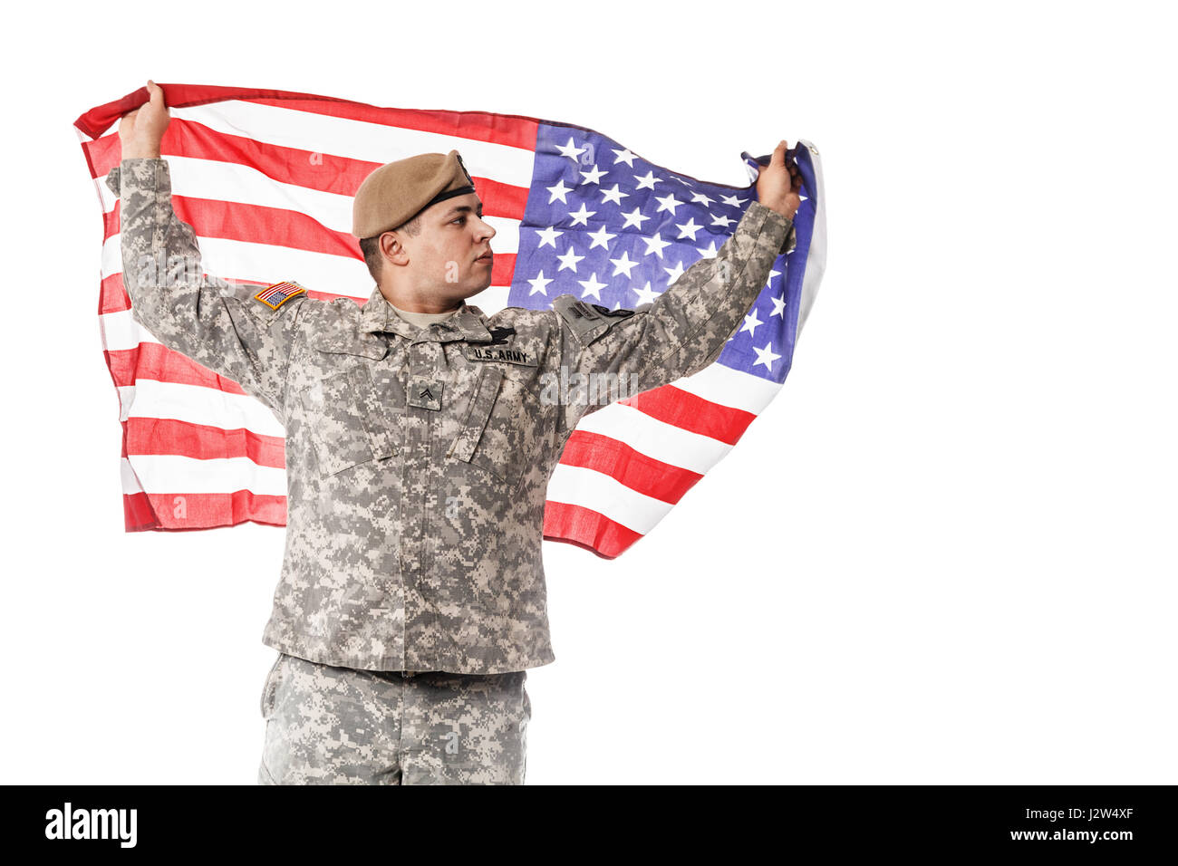 US Army Ranger with american flag Stock Photo