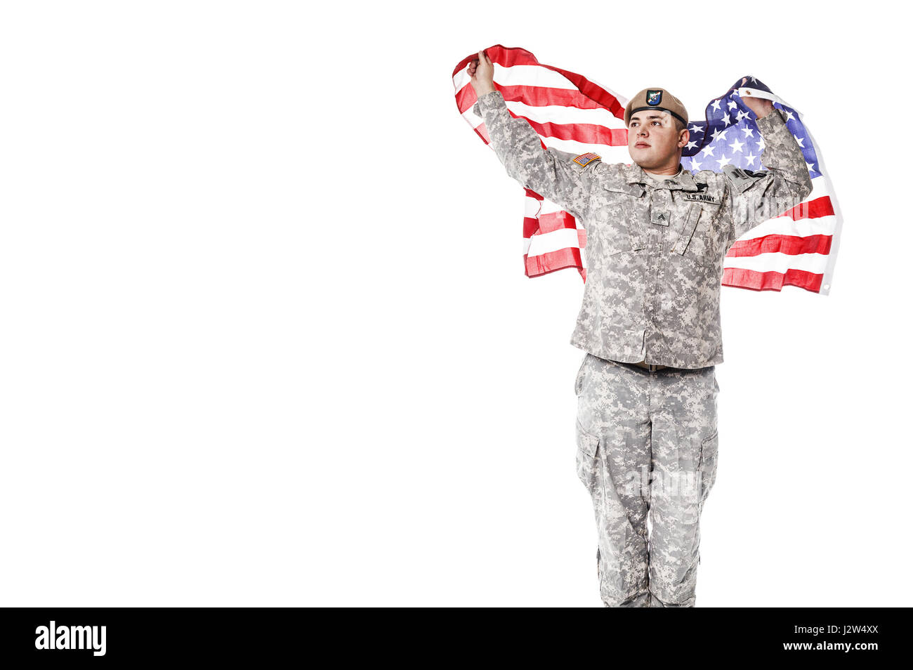 US Army Ranger with american flag Stock Photo