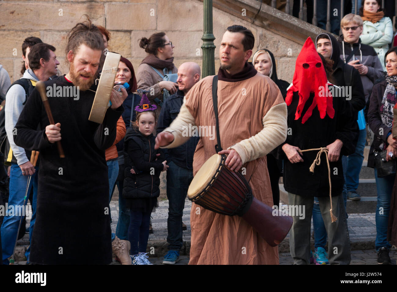 PRAGUE, CZECH REPUBLIC - APRIL 30, 2017: Participants of a costumed parade in the streets of Prague on witch burning night ('carodejnice') Stock Photo
