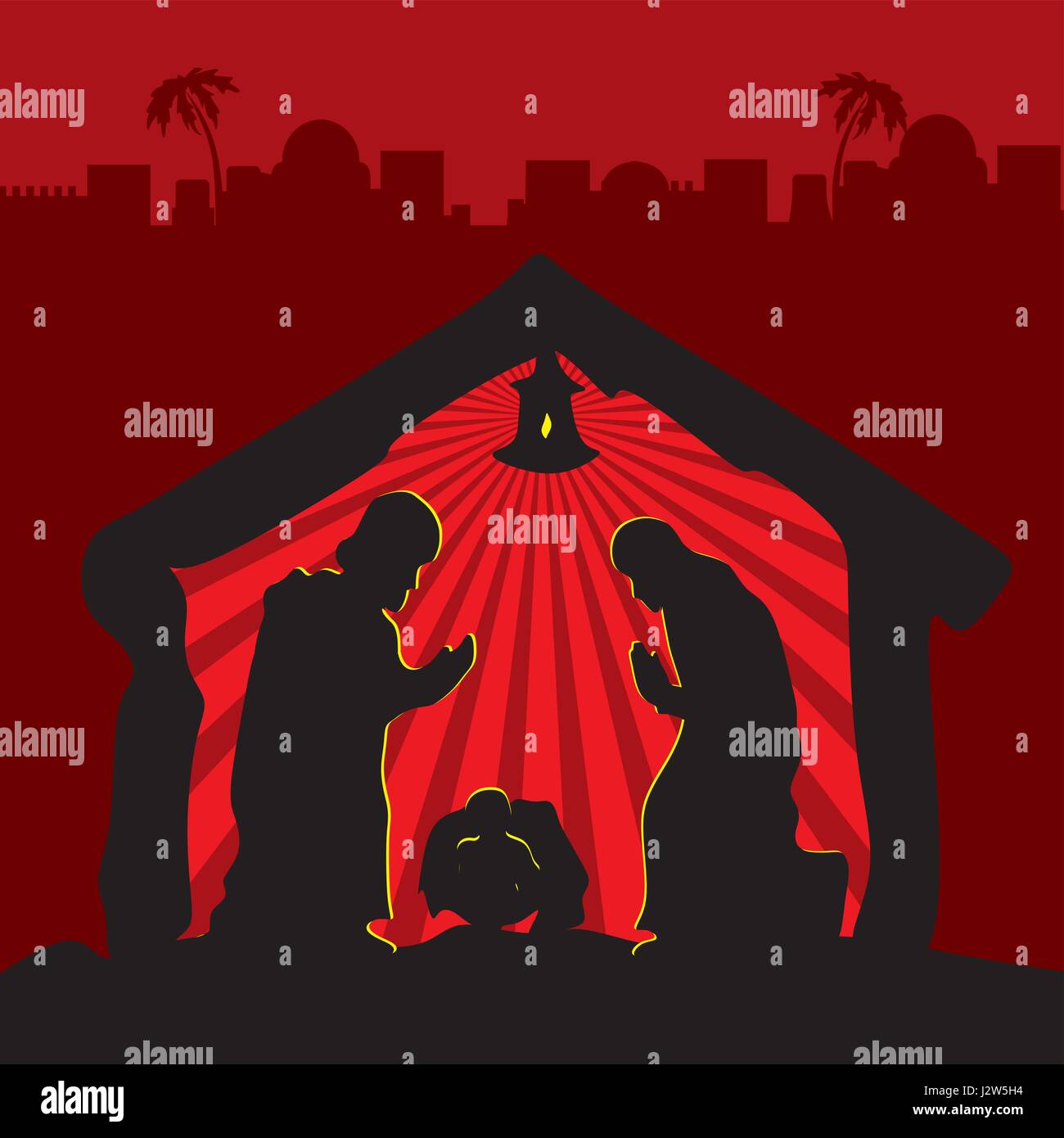 The Nativity of Jesus. Joseph, Mary and the baby in Bethlehem under the Christmas star Stock Vector