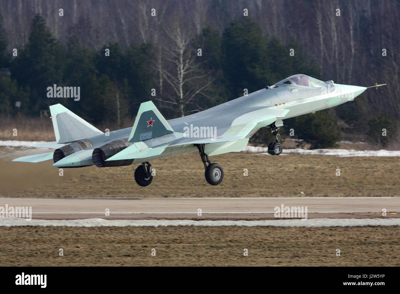 ZHUKOVSKY, MOSCOW REGION, RUSSIA - MARCH 15, 2017: Sukhoi T-50 058 BLUE Russian fifth generation jet fighter taking off for a test flight at Zhukovsky Stock Photo