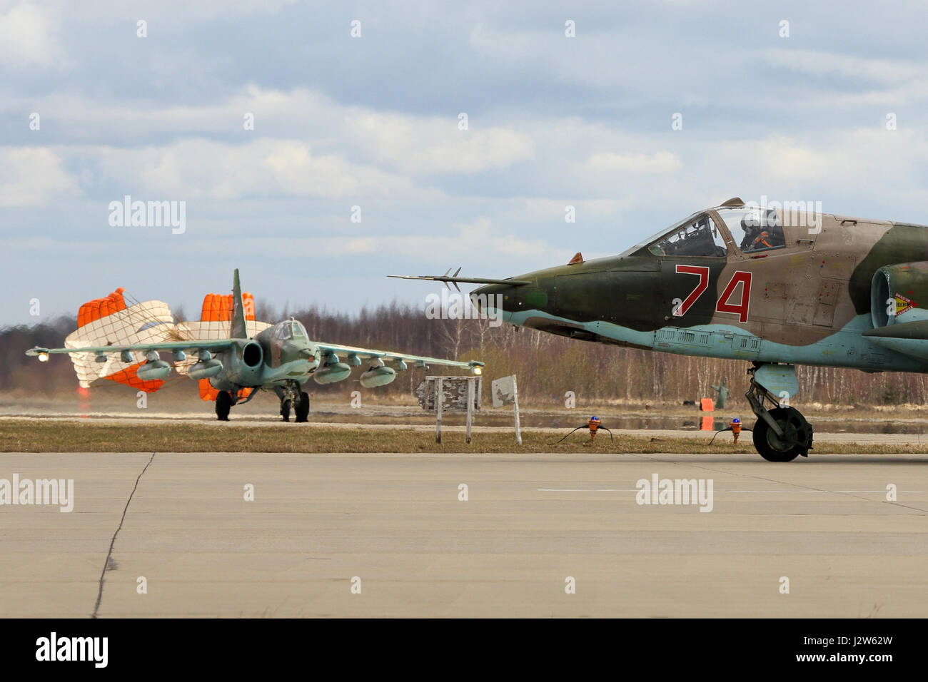 KUBINKA, MOSCOW REGION, RUSSIA - APRIL 24, 2017: Sukhoi Su-25BM attack airplanes of Russian air force during Victory Day parade rehearsal at Kubinka a Stock Photo