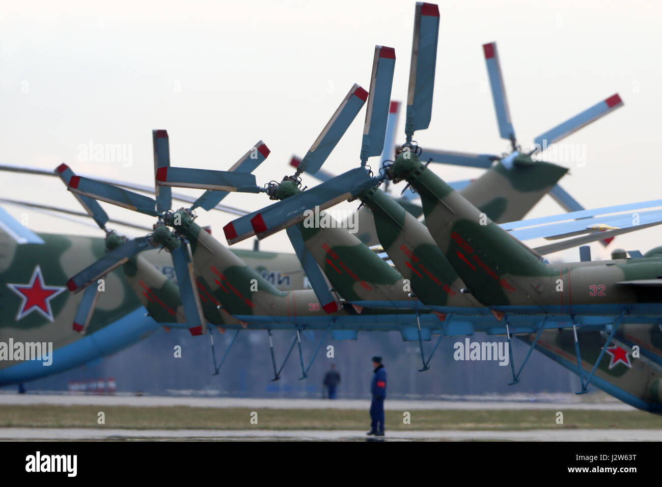 KUBINKA, MOSCOW REGION, RUSSIA - APRIL 24, 2017: Tail rotors of Mil Mi-8AMTSH helicopters of Russian air force during Victory Day parade rehearsal at  Stock Photo