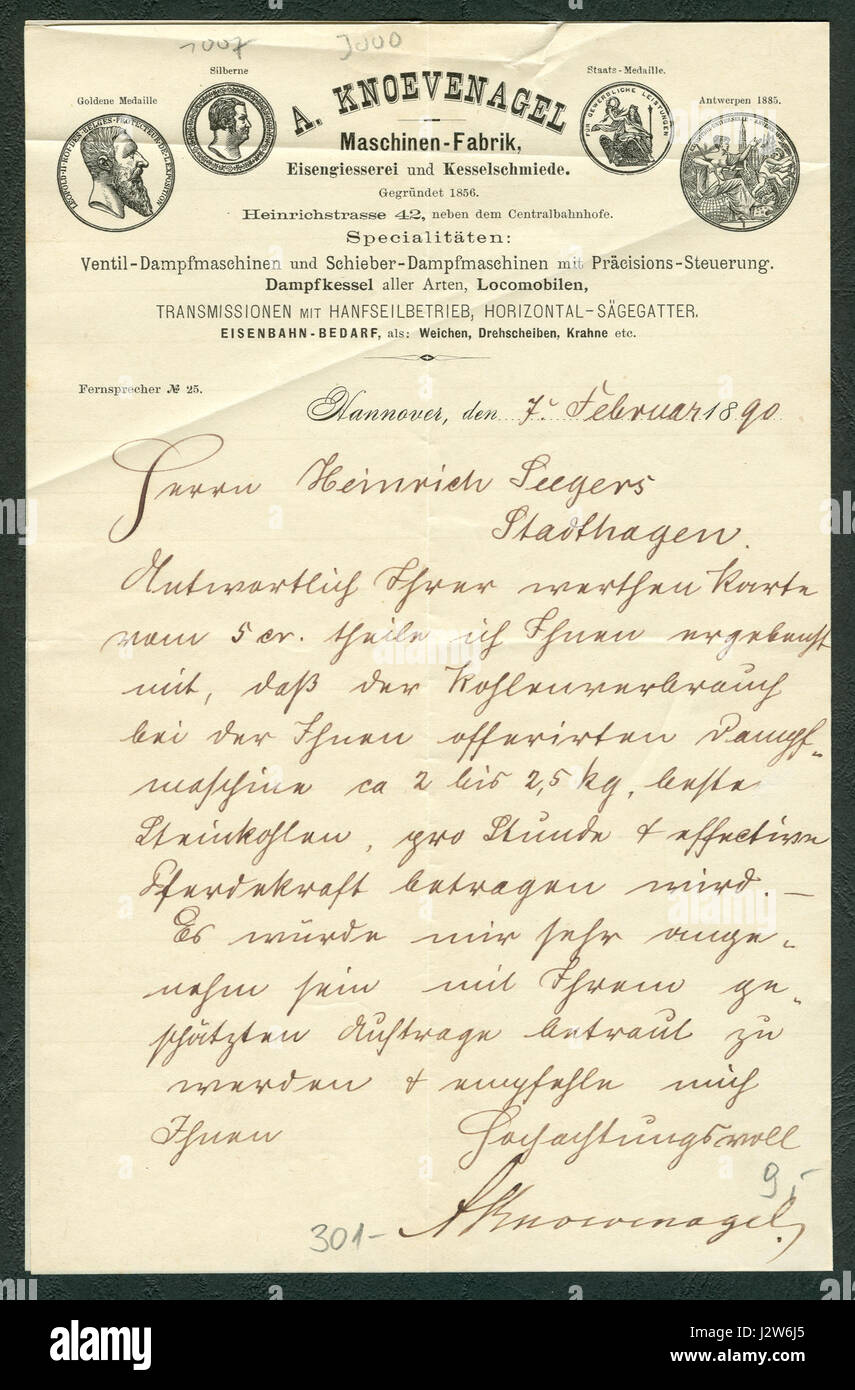 A. Knoevenagel Maschinen-Fabrik Eisengiesserei und Kesselschmied Briefbogen 1890-02-07 Seite 1 Stock Photo