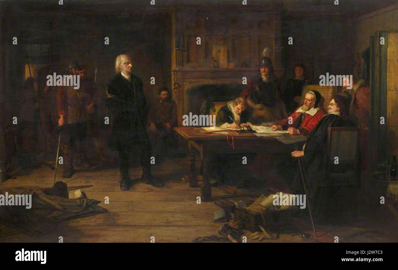 'A Conventicle Preacher before the Justices' is likely a historical scene illustrating the prosecution of a preacher for holding religious meetings outside of the established church. Stock Photo