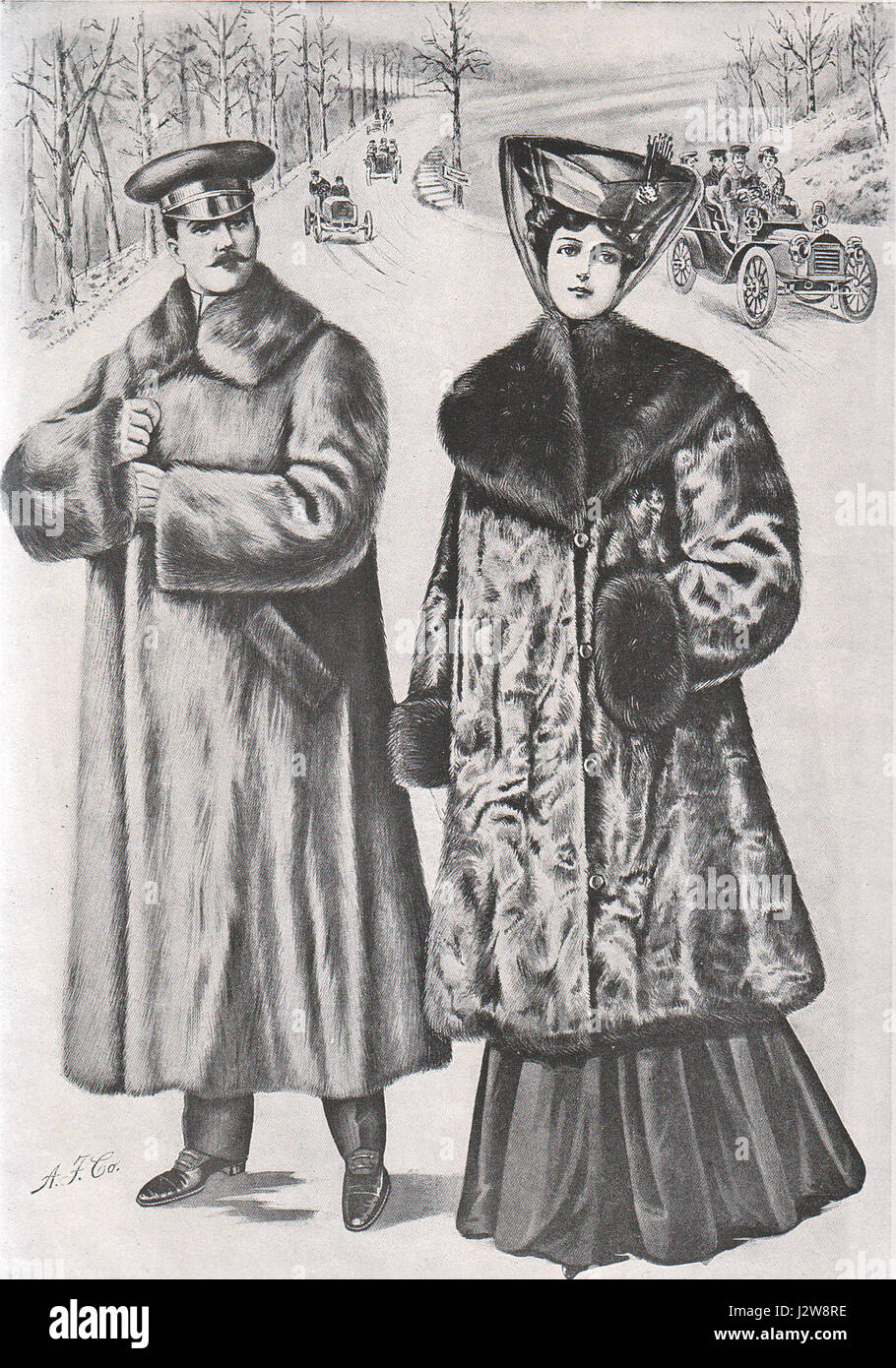 1904 Fur Fashions, The first automobiles brought the long fur coat Stock Photo