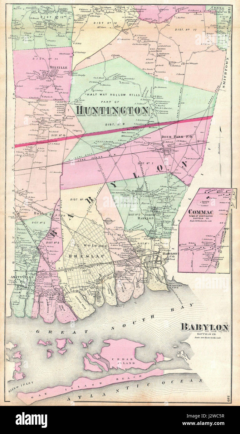 1873 Beers Map of Babylon and Huntington, Long Island