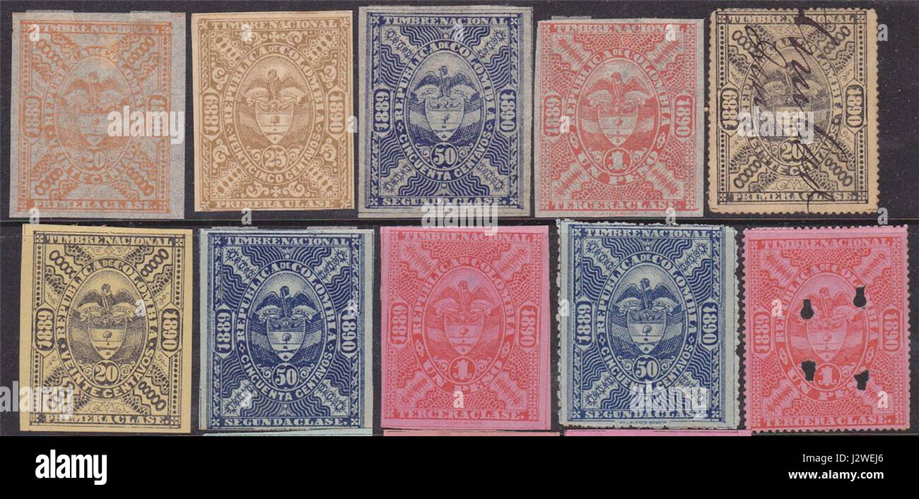 1889-1890 revenue stamps of Colombia Stock Photo