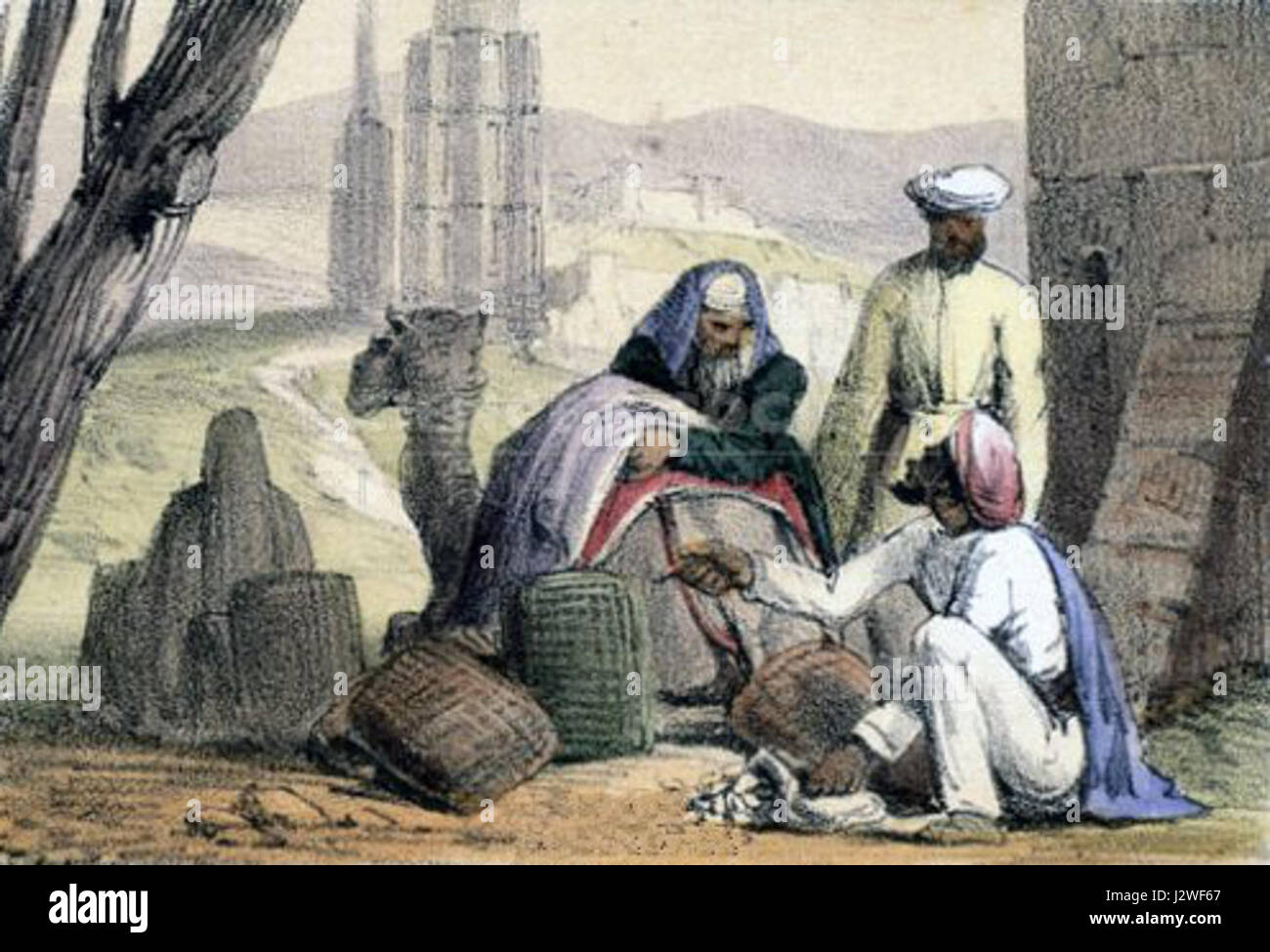This 1845 print depicts cowry shells being used as currency by an Arab  trader, illustrating the historical trade practices and the cultural  significance of cowries in early commerce, particularly in Africa and
