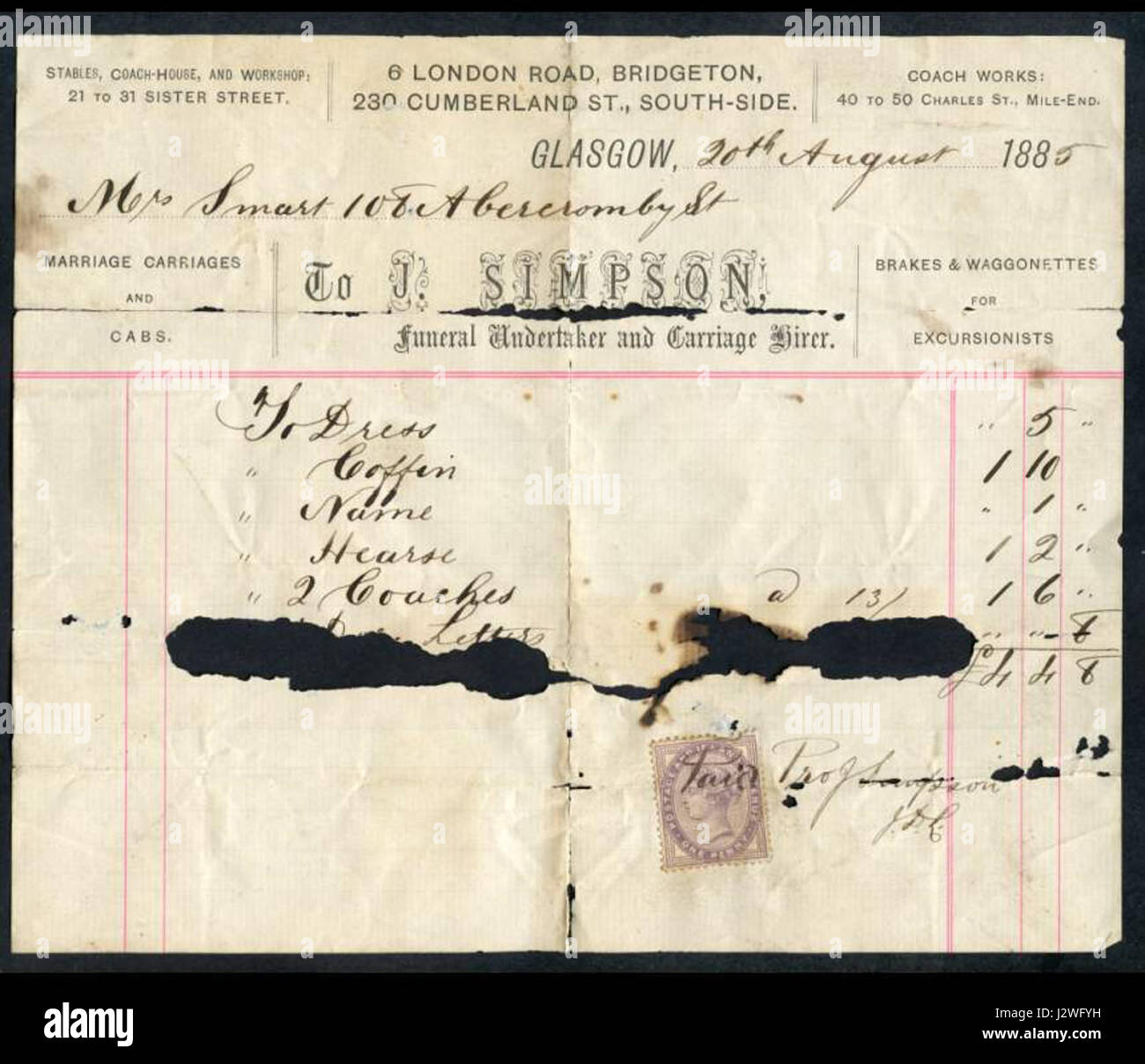 1885 Glasgow funeral invoice Stock Photo Alamy