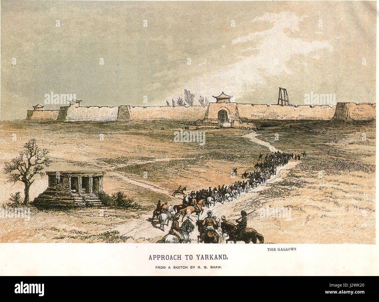 The 'Approach to Yarkand' refers to a historical account or image depicting the route to the city of Yarkand, located in modern-day Xinjiang, China. In 1868, it was part of significant Central Asian trade and exploration routes. The city was a strategic point in the Silk Road network during the 19th century. Stock Photo