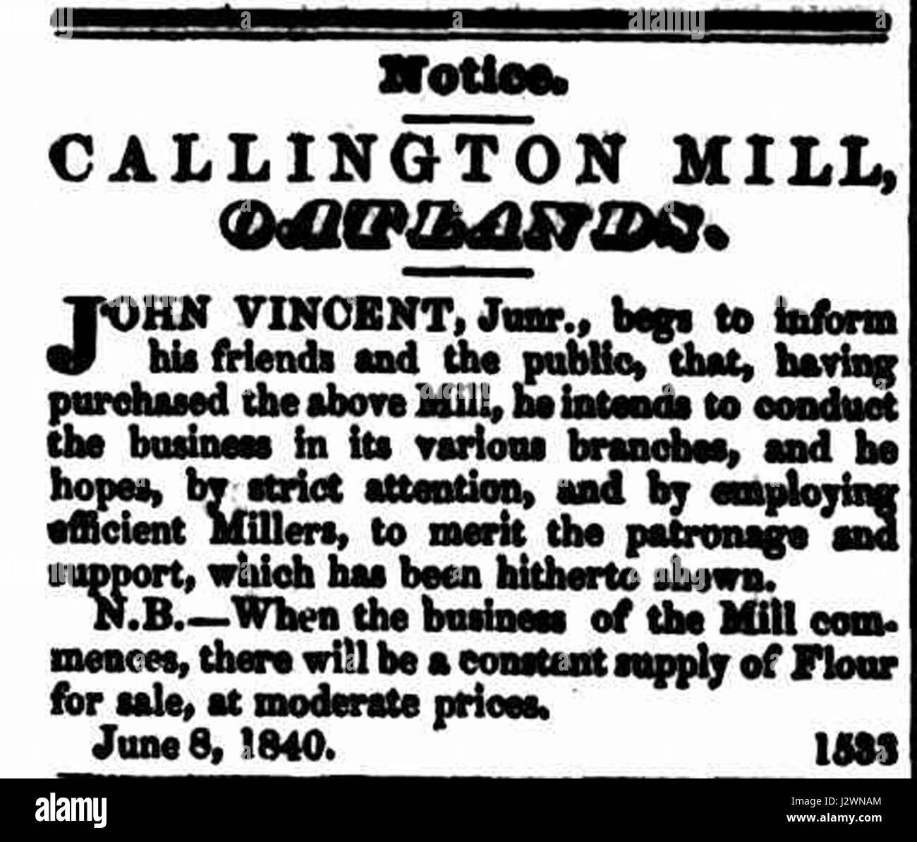 Callington Mill notice 1840 Stock Photo
