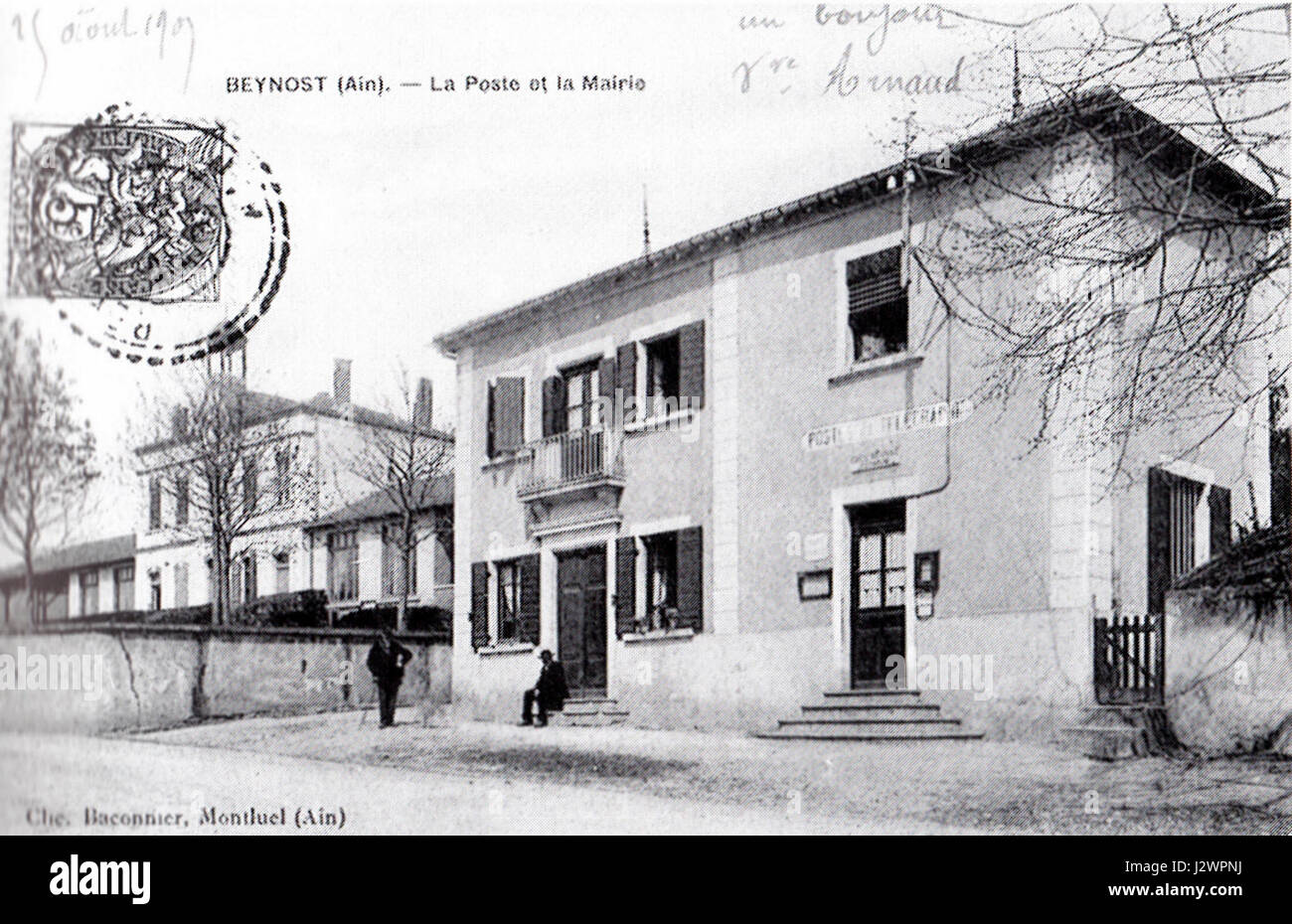 The 'Ancienne Mairie de Beynost' refers to the old town hall in Beynost, France. This historical building is a notable example of local architecture and French civic history. Stock Photo