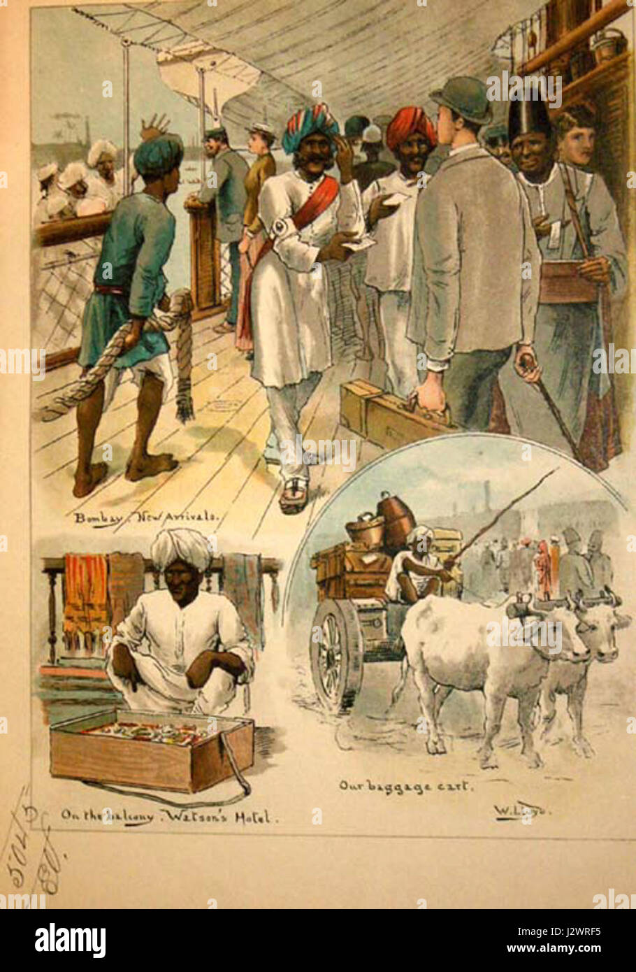 The image captures the historical moment of arrival in Bombay (now Mumbai), India. The scene reflects the port city's role as a significant trading hub during the colonial era, with ships docking and commerce taking place. Stock Photo