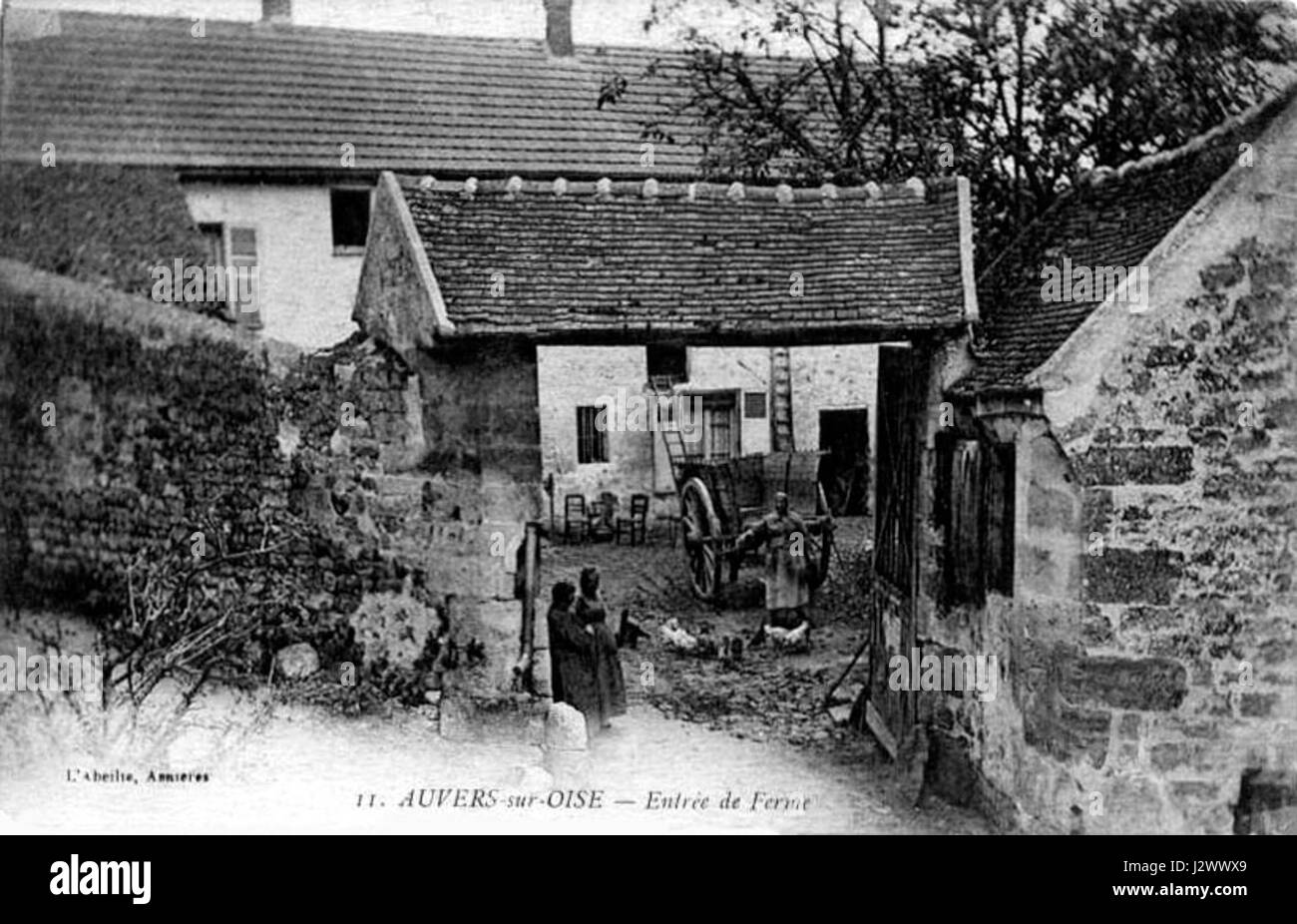 Auvers-sur-Oise, located in France, is known for its picturesque views and its association with artists like Vincent van Gogh. The title refers to the entrance of a farm in the area, contributing to the rural charm and historical significance of the village. Stock Photo