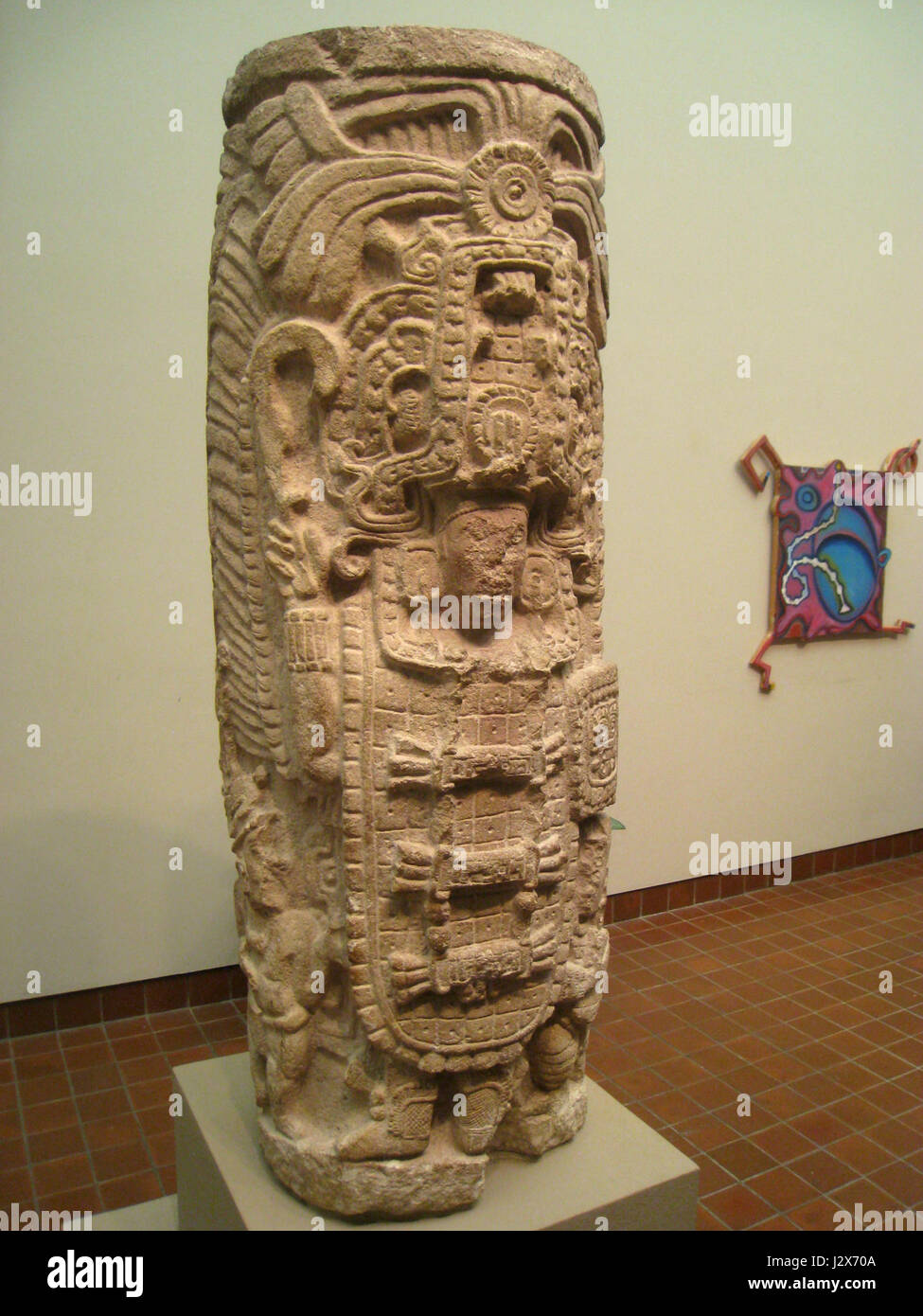 Carved Column (Warrior with Two Dwarf Attendants), Mexico, State of Campeche, Maya, Late Classic, circa 850 AD, limestone, Pre-Columbian collection, Worcester Art Museum - IMG 7642 Stock Photo