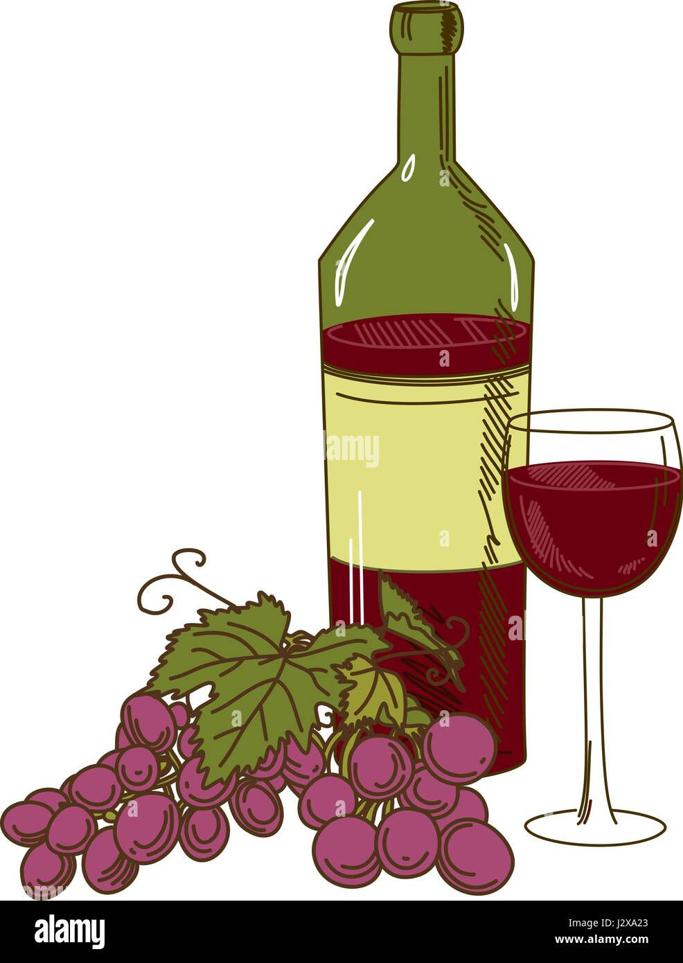 A bottle of wine, grapes and a glass on a white background Stock Vector
