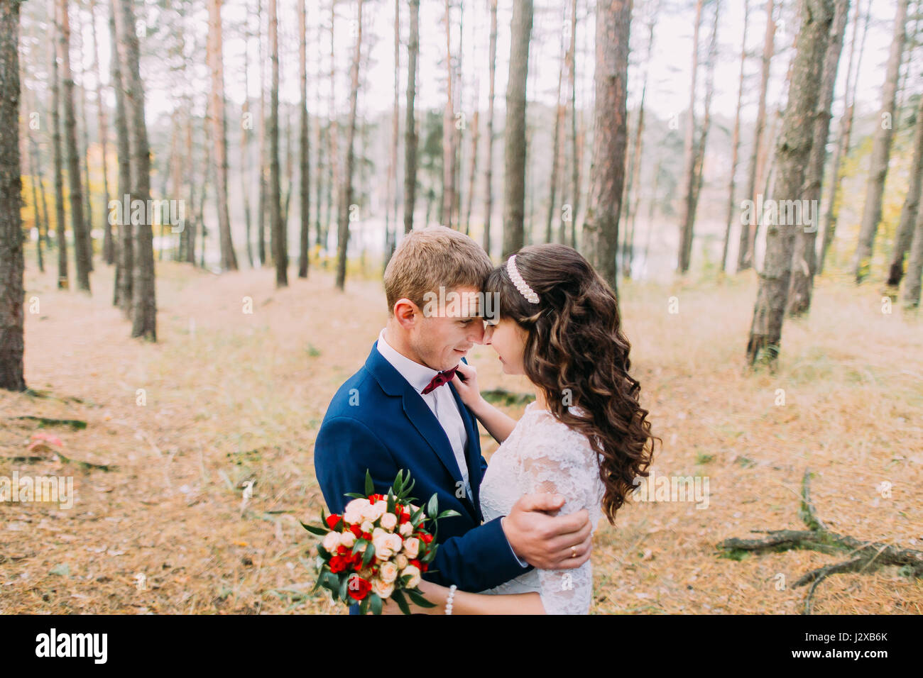 Happy stylish groom and his charming new wife posing in the autumn pine ...