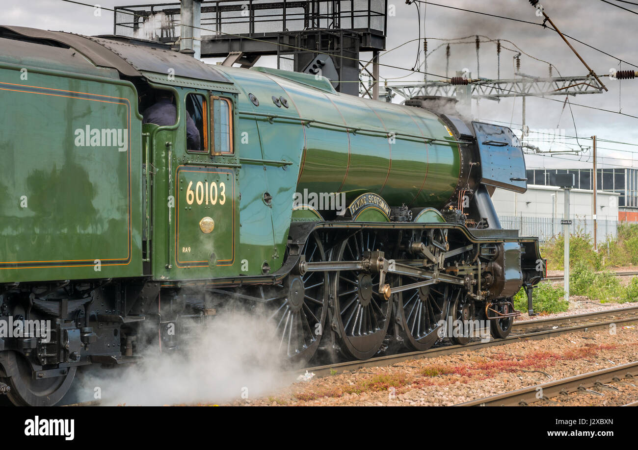 The Flying Scotsman steam train at Peterborough Station. Stock Photo