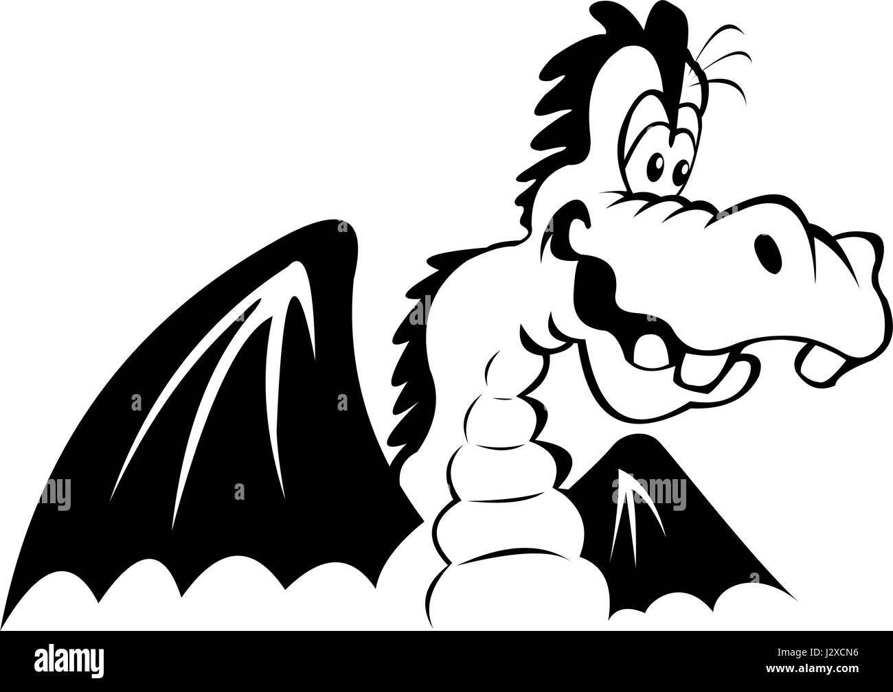 Black and white illustration of a happy cartoon dragon, isolated on a white background. Stock Vector