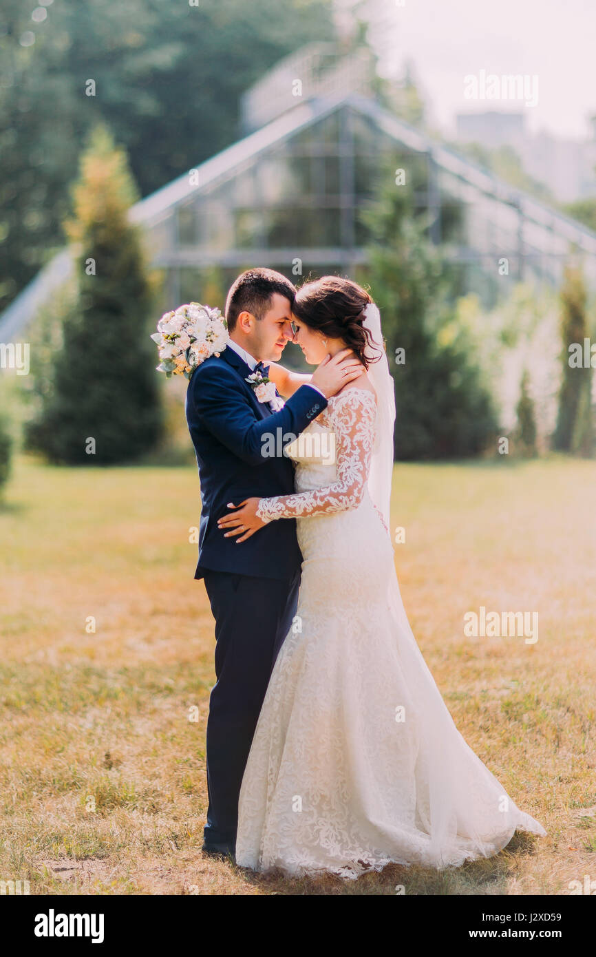The lovely moment between the bride and groom in the forest Stock Photo ...