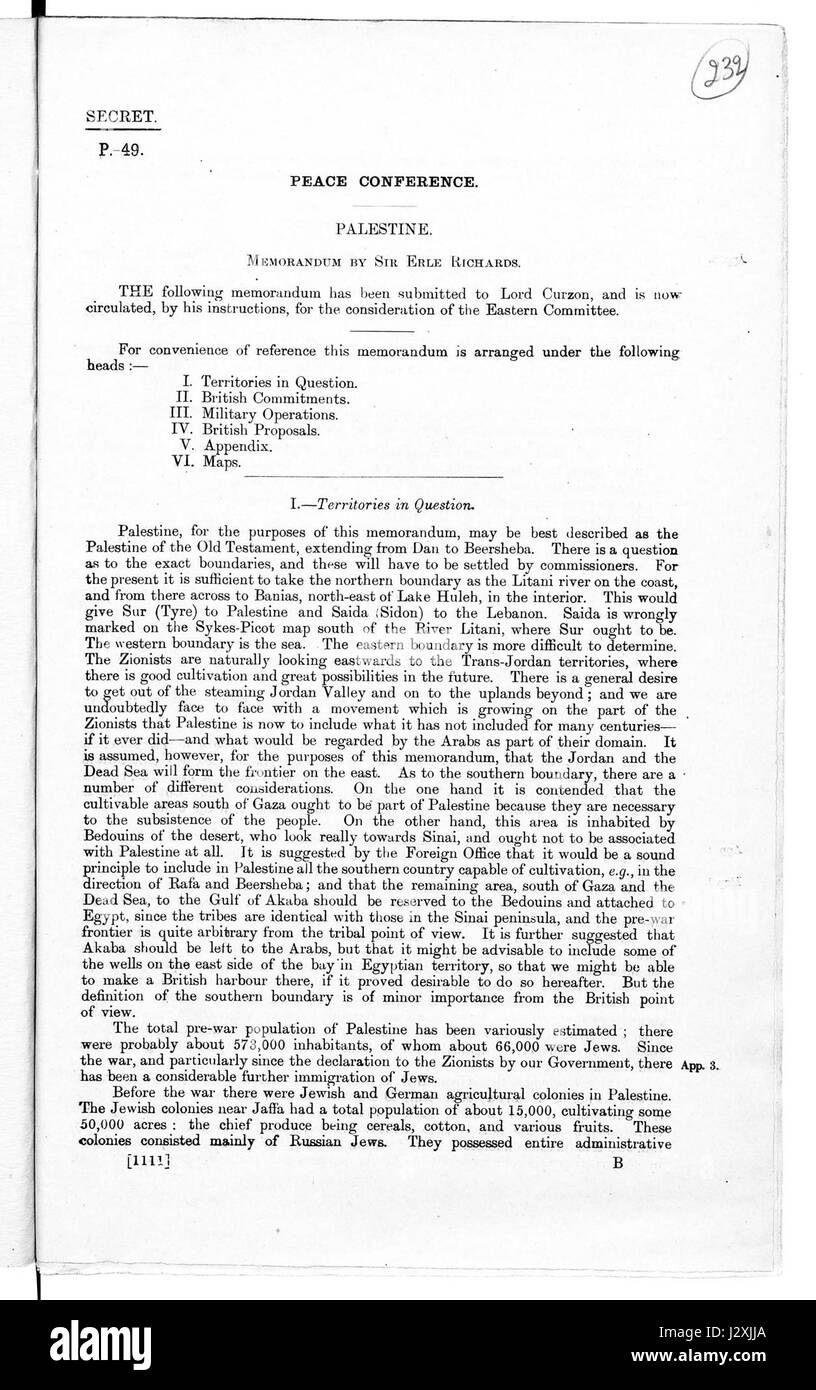 British Memorandum on Palestine 1919 Stock Photo Alamy