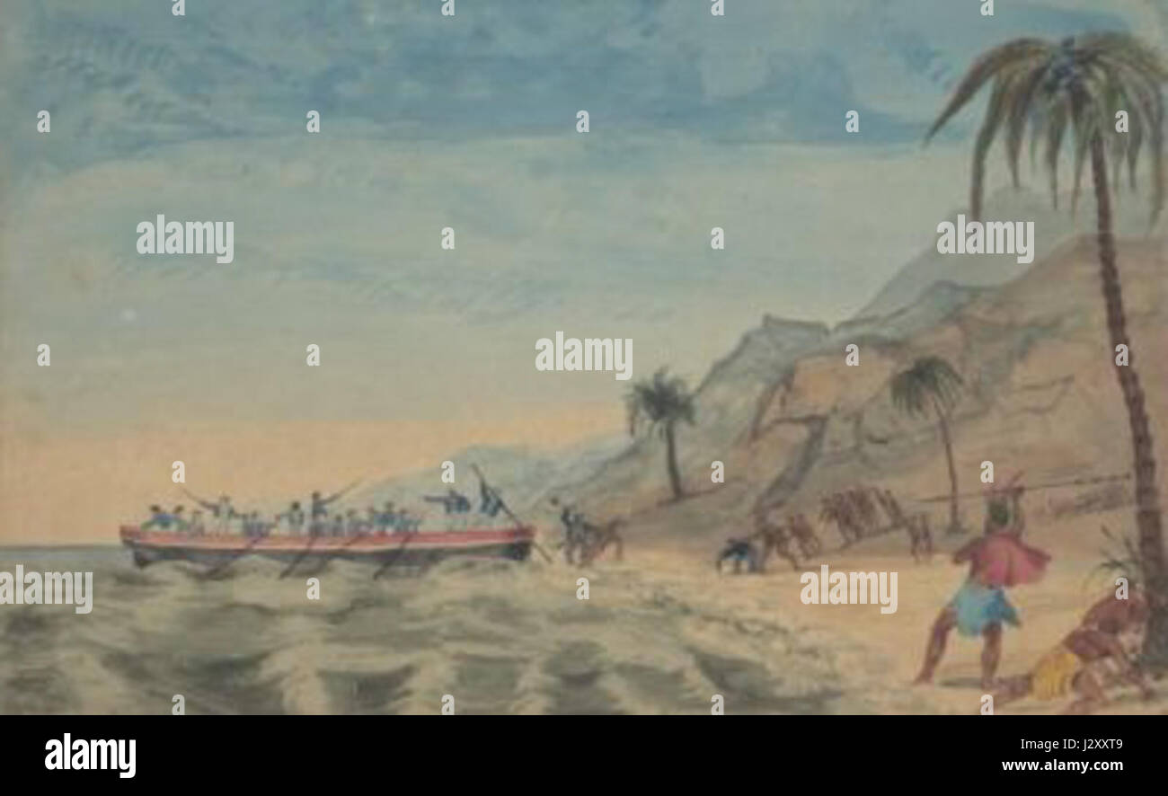 The Bligh open boat is historically significant for its role in the 1789 mutiny on the HMS Bounty. Captain William Bligh and 18 men survived a perilous 3,618-mile journey to safety in this small boat. Stock Photo
