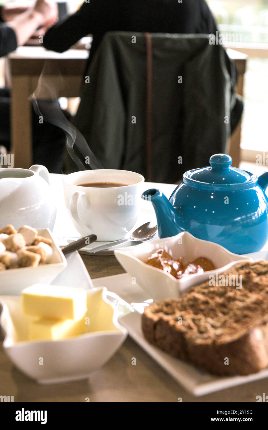 Food; Breakfast; Tea; Toast and marmalade; Toast slices; Teapot