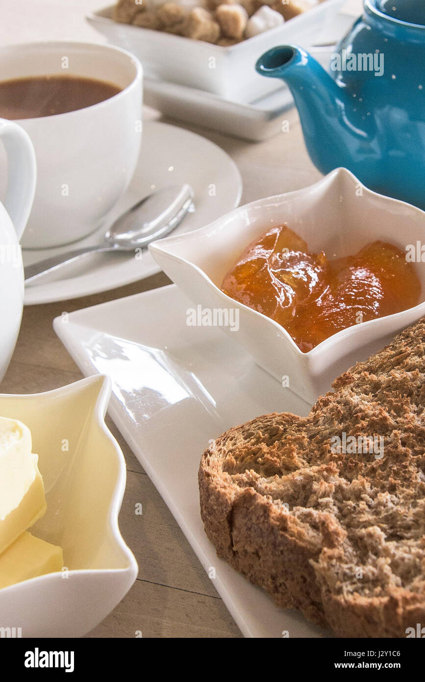 Food Breakfast Tea Toast and marmalade Toast slices Teapot Crockery Morning meal Restaurant Cafe Stock Photo