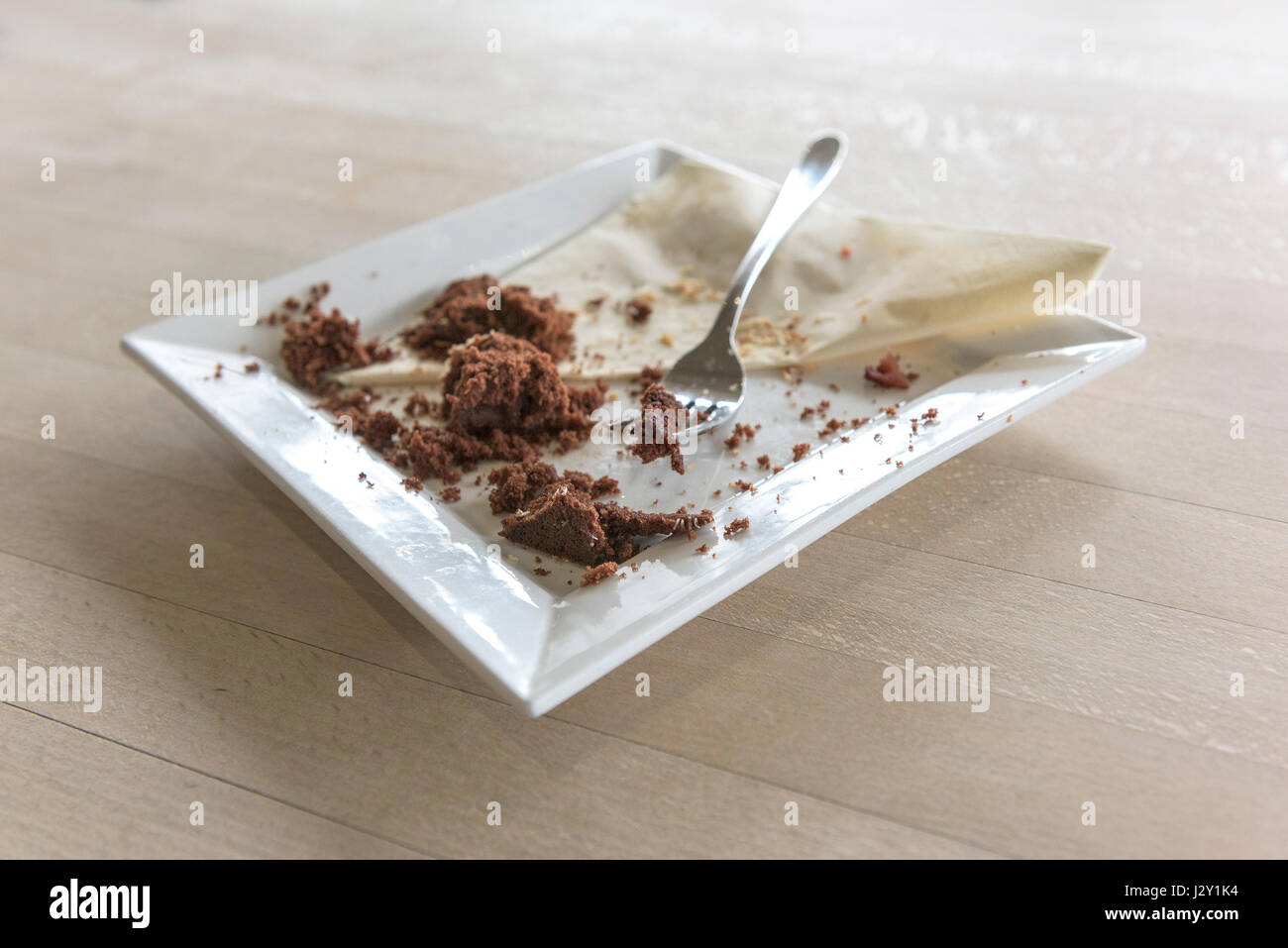 Food Remains of a chocolate cake Crumbs Plate Fork Cutlery Napkin Serviette Eaten Consumed Satisfied Satisfaction Treat Indulgence Stock Photo