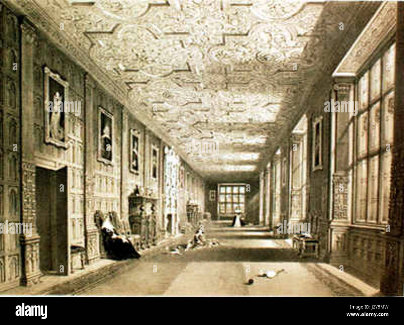 Aston Hall Gallery by Joseph Nash, created in the 1870s, is a collection of illustrations depicting Aston Hall, a historic mansion in Birmingham, England. Nash's work offers detailed depictions of the building and its surroundings during the 19th century. Stock Photo