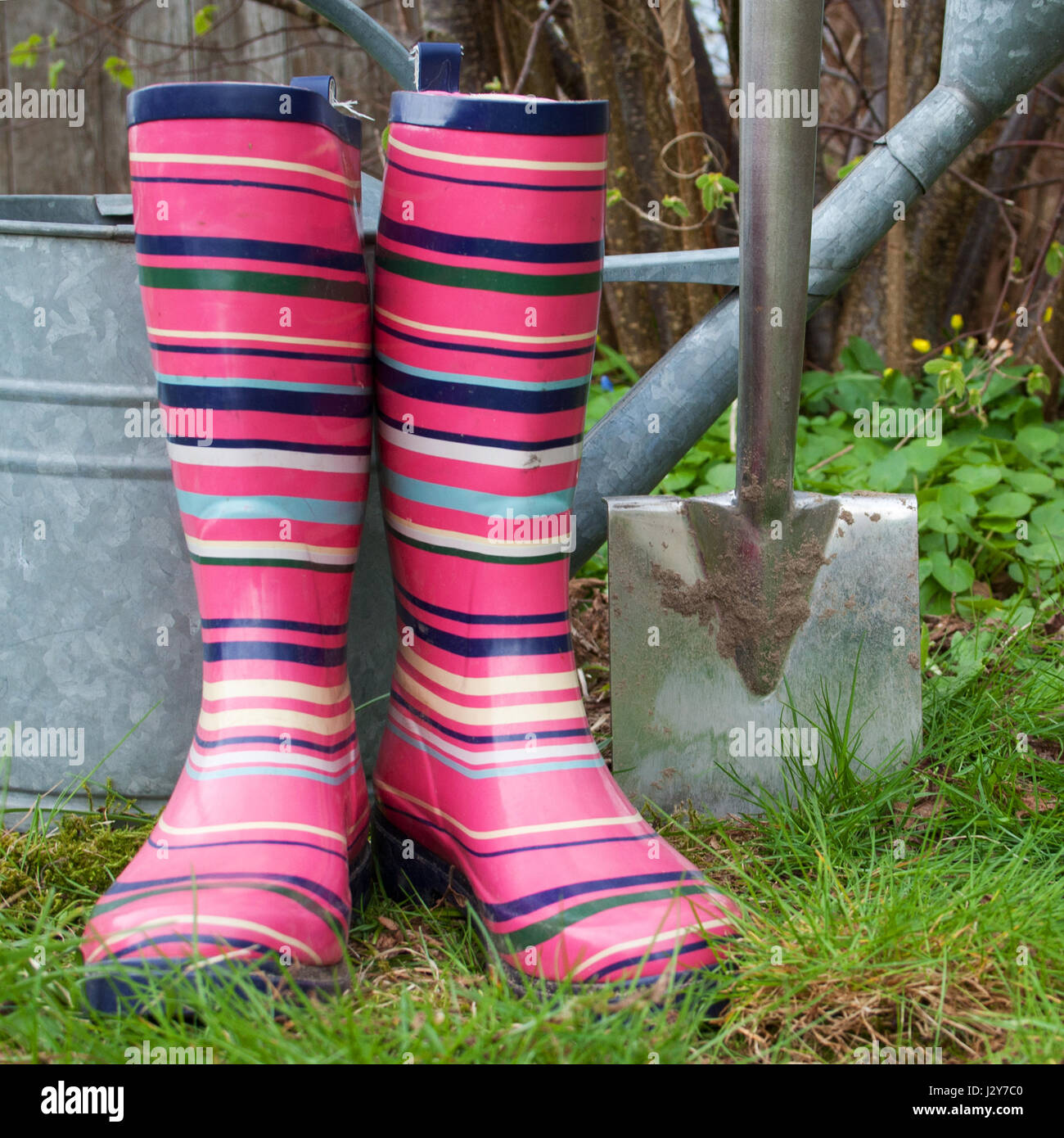 Rubber boots, spade and watering can in the garden Stock Photo