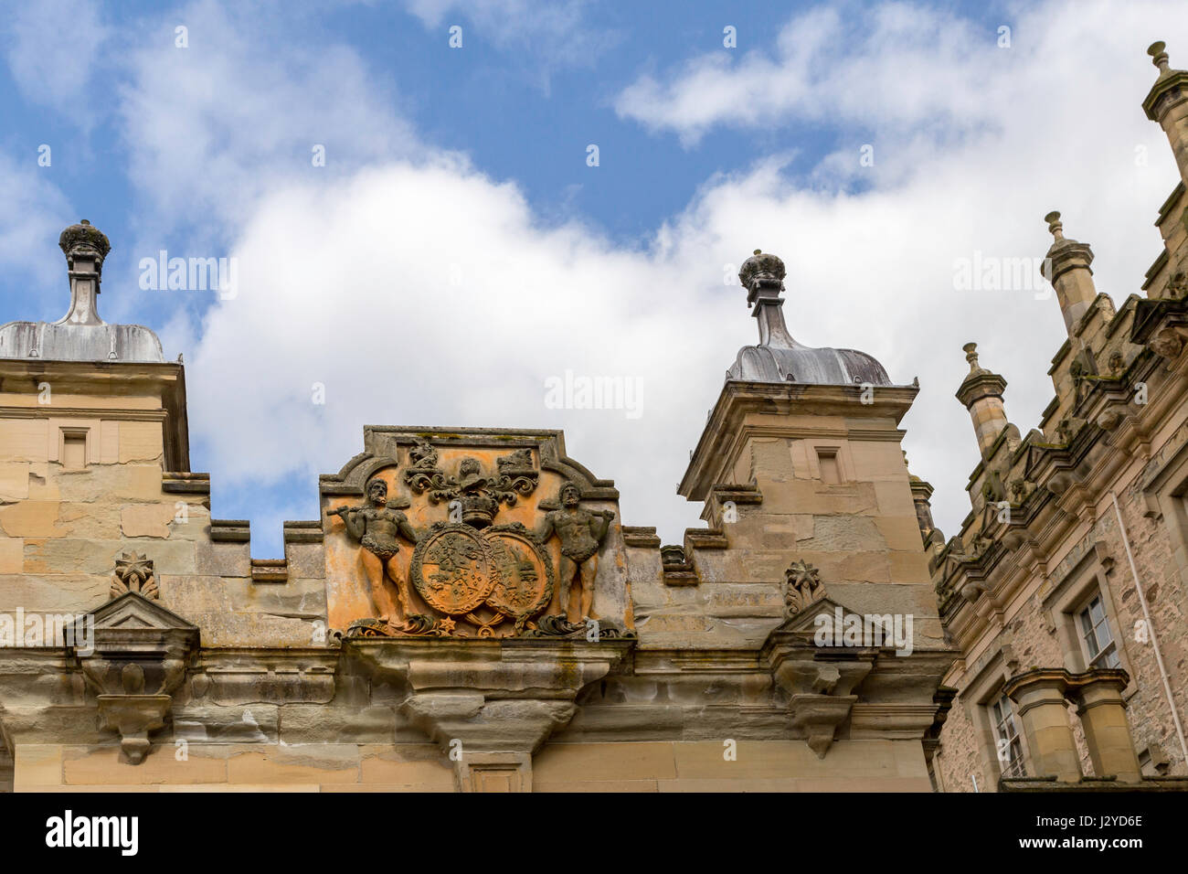 Roxburgh Family Coat of Arms on facade of Floors Castle, Kelso, Roxburghshire, Scottish Borders, Scotland, United Kingdom. Stock Photo