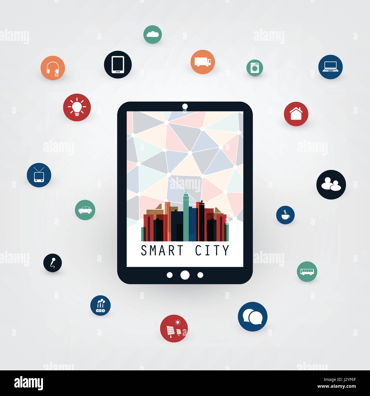 Colorful Smart City Design Concept with Icons - Digital Network ...