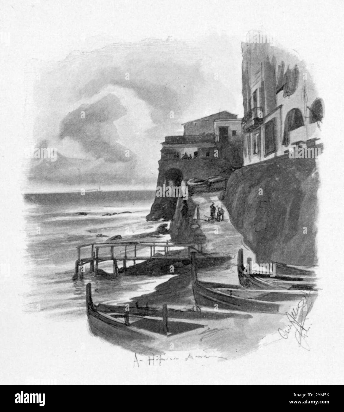 This photograph by Allers shows the port of Massa in Italy, taken around the 1700s. It captures the port's maritime activity, with ships docked and engaged in trade, reflecting the significance of Massa as a coastal hub. Stock Photo