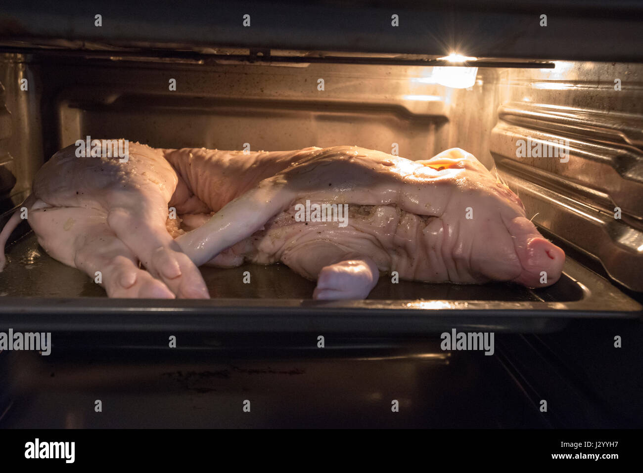 Roasting suckling pig on the oven Stock Photo Alamy