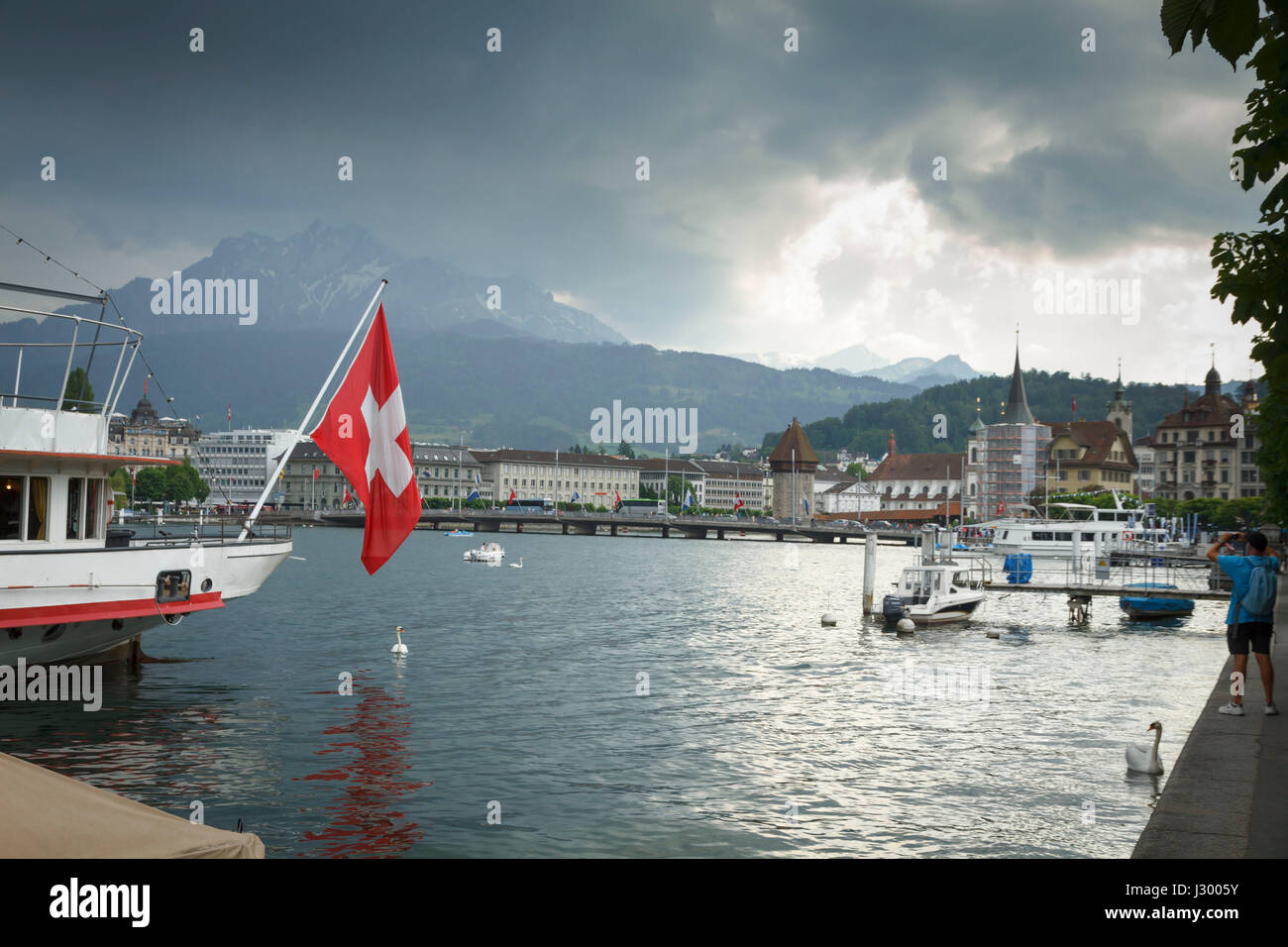 Swiss lake Lucerne Luzern Flag Switzerland Stock Photo