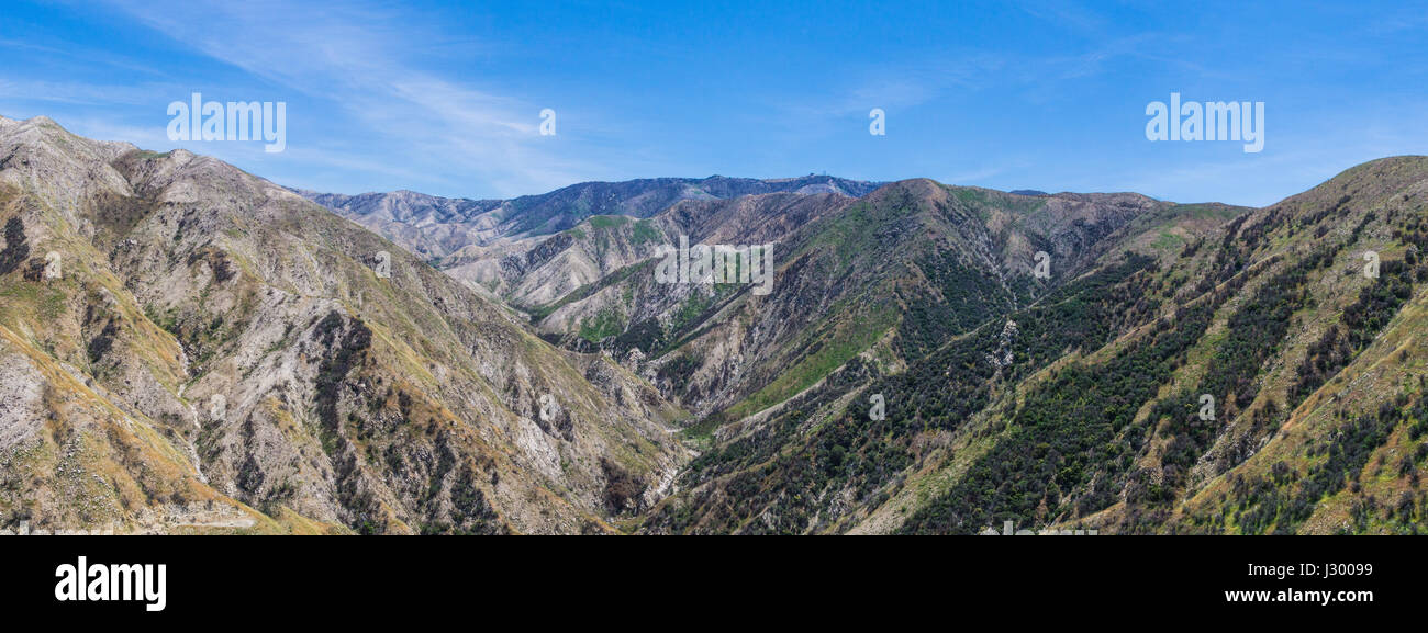 Valley works up through mountain range in the Angeles National Forest. Stock Photo