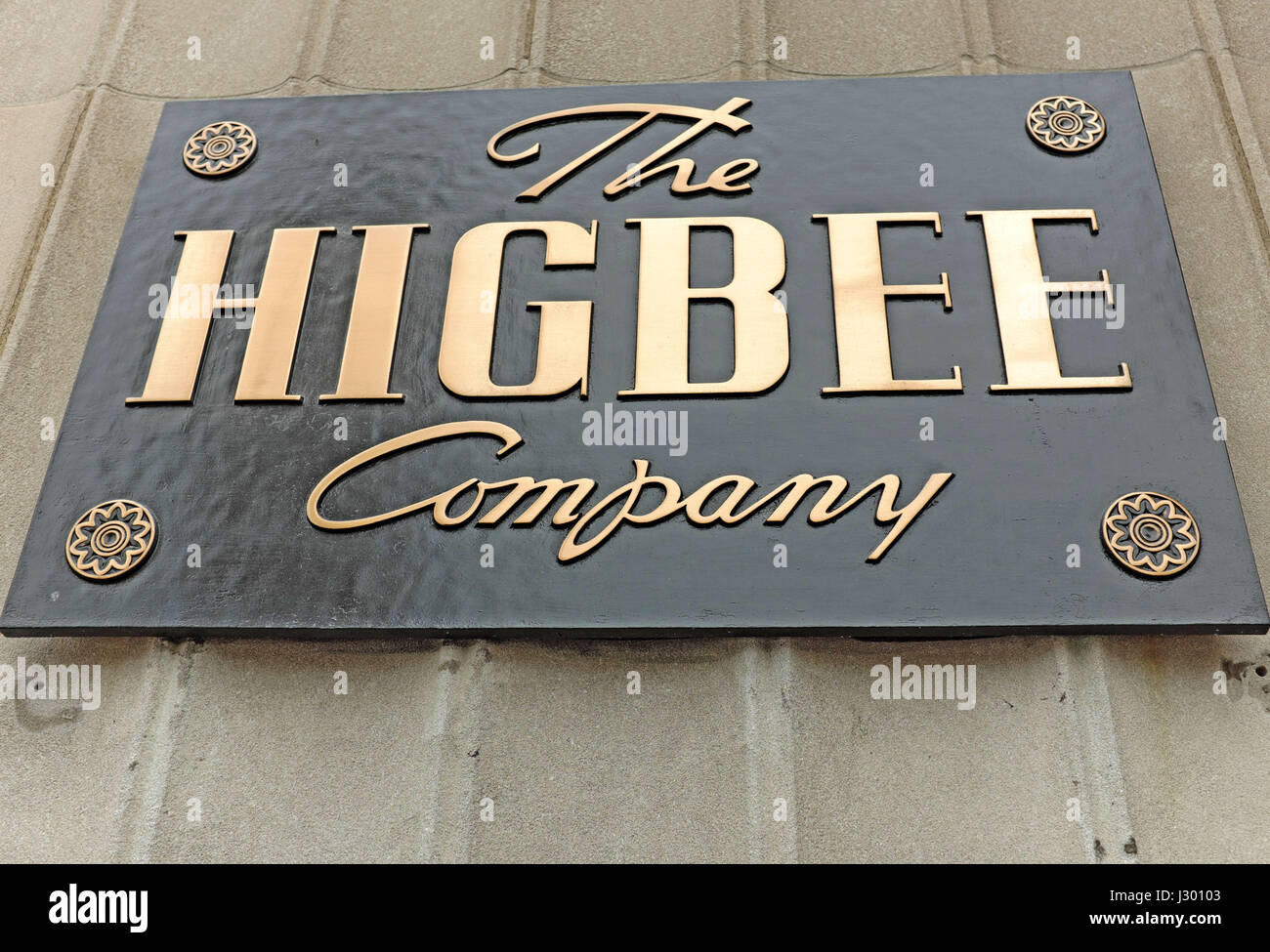 The Higbee Company nameplate on the defunct flagship store on public square in downtown Cleveland, Ohio, United States Stock Photo