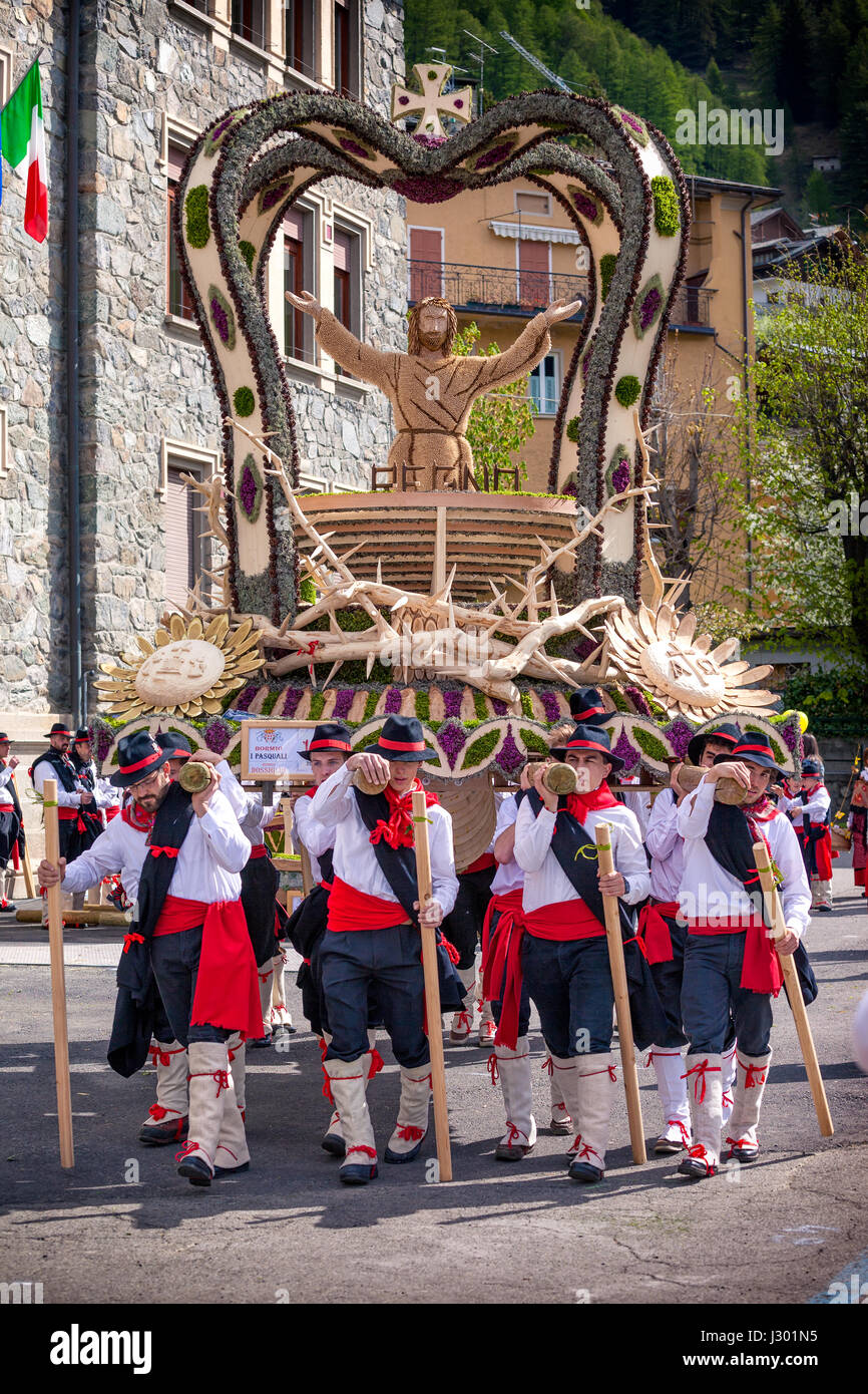'Pasquali' is an ancient and evocative religious and folklore ceremony that takes place every year in Bormio, in Upper Valtellina, on Easter Sunday.   Stock Photo