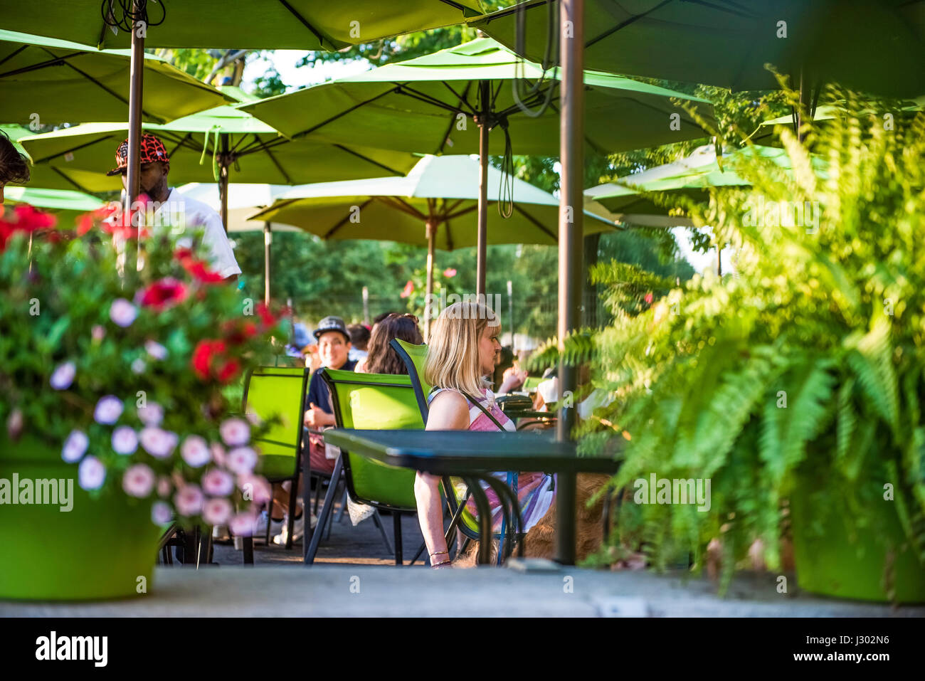 New York, USA June 18, 2016 Waterfront cafe Pier i with people