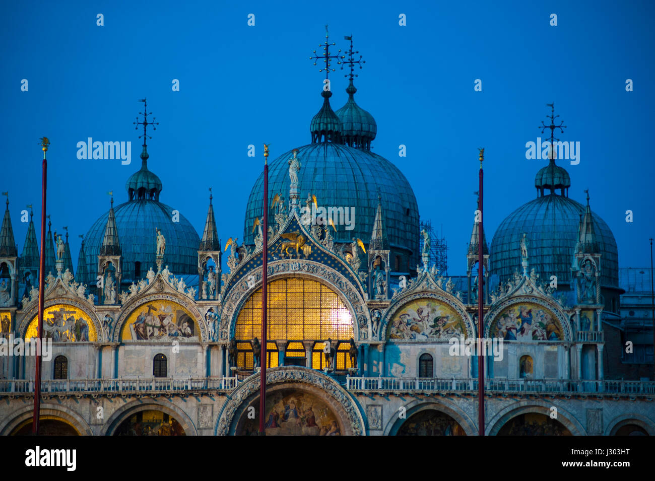 Night photograph of the domes of St. Mark's Cathedral in Venice, Italy Stock Photo