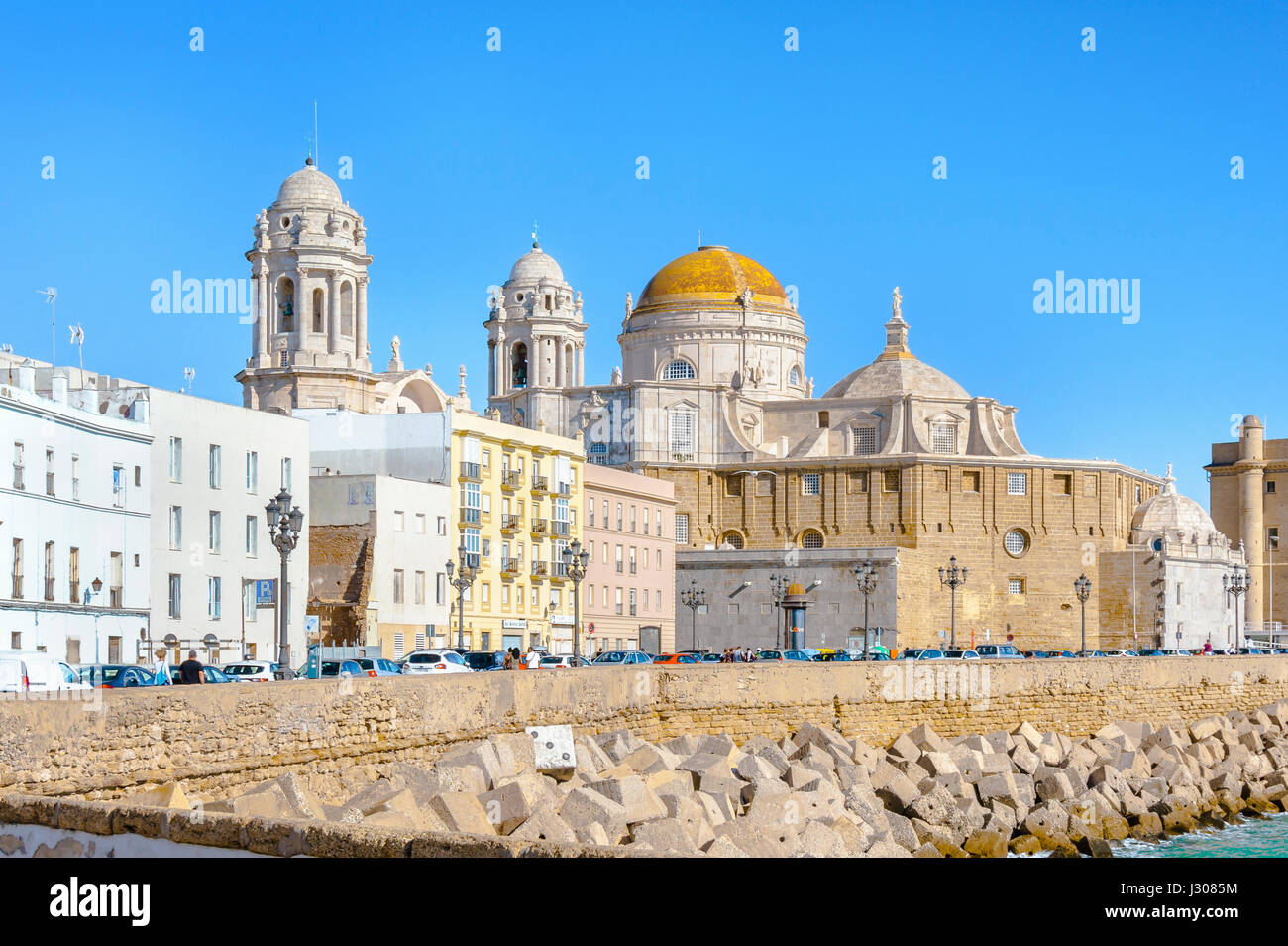 seaside view of town Cádiz with cathedral, Andalusia, Spain Stock Photo