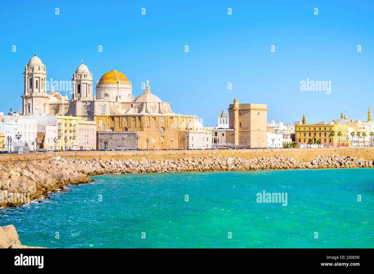 seaside view of town Cádiz with cathedral, Andalusia, Spain Stock Photo