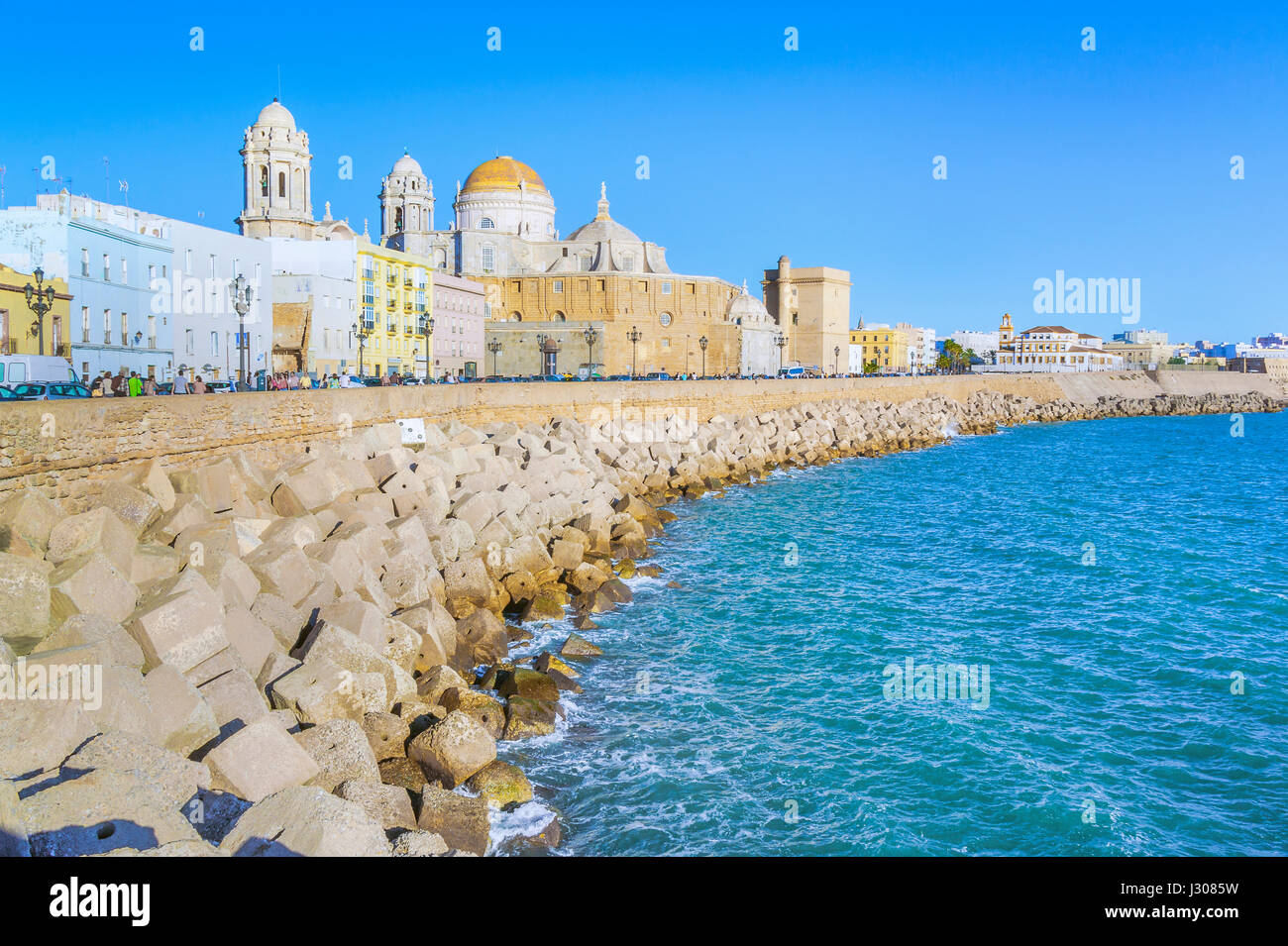 seaside view of town Cádiz with cathedral, Andalusia, Spain Stock Photo